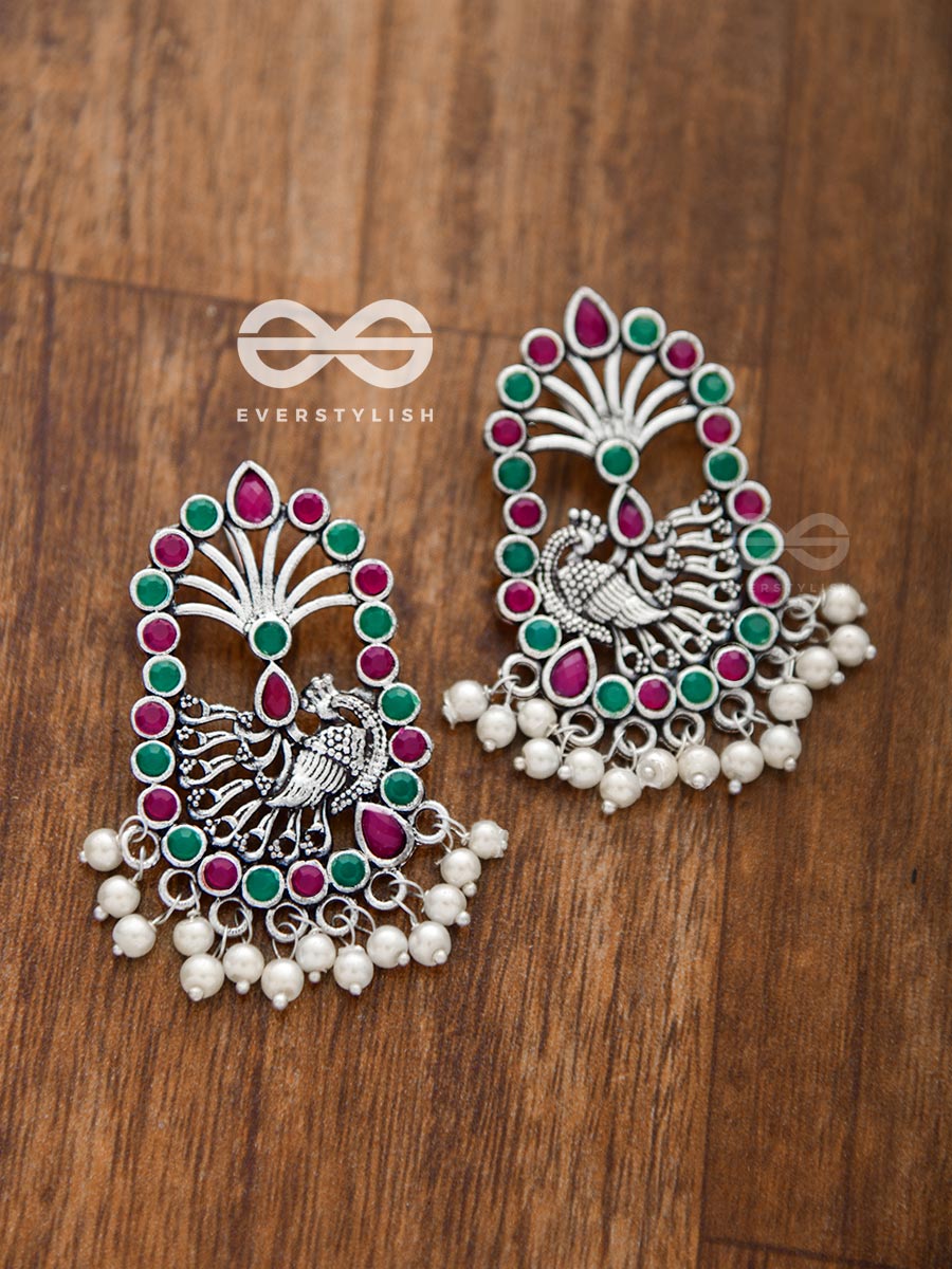 The Delightful Peacock Artwork (Ruby-Emerald) - Embellished Oxidised Earrings