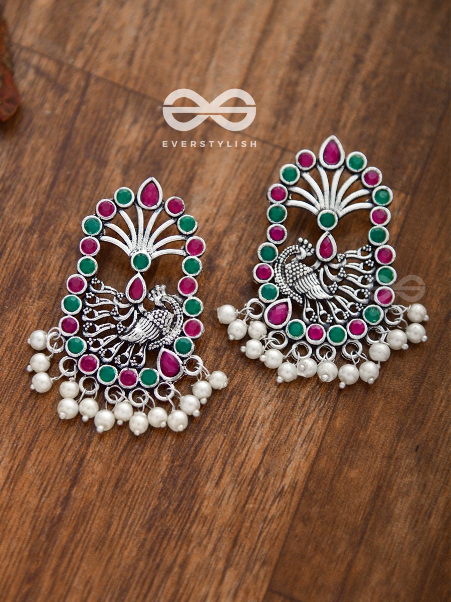 The Delightful Peacock Artwork (Ruby-Emerald) - Embellished Oxidised Earrings