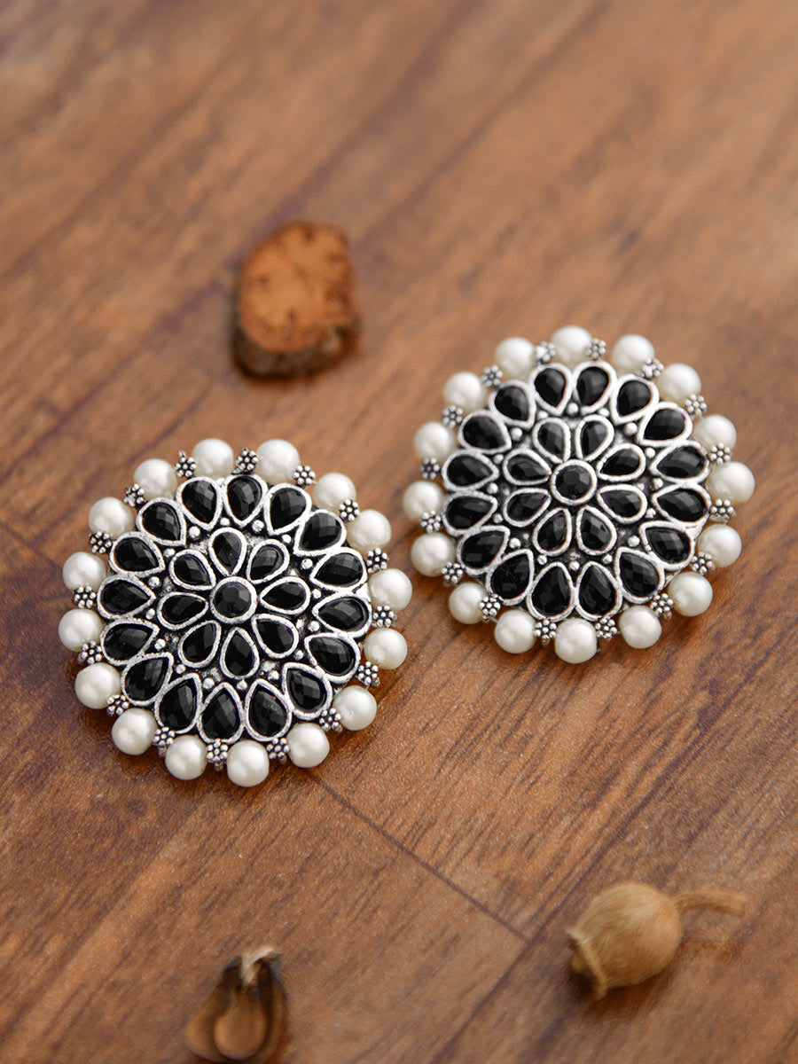The Classy Desire Perfect Pearl Embellished Statement Studs (Onyx Black)