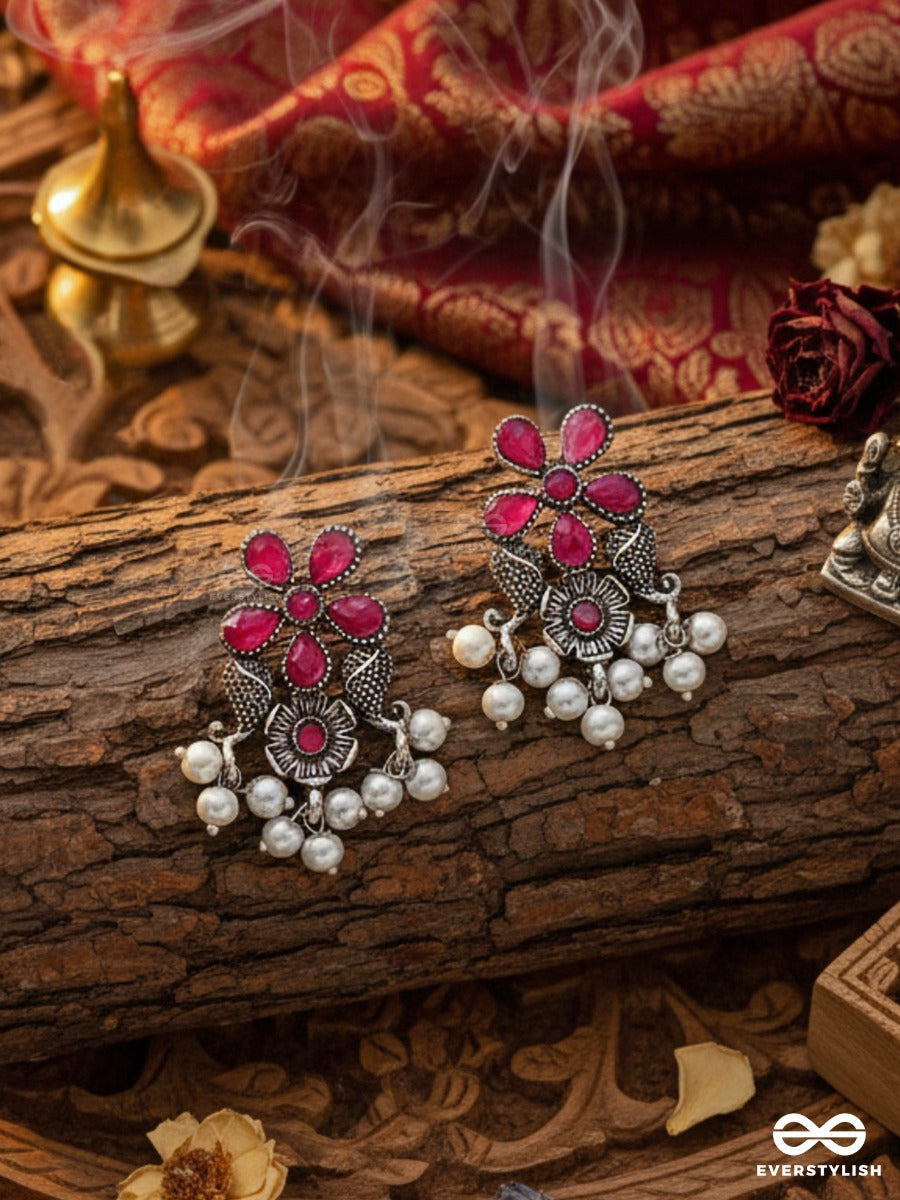 'A Floral Fantasy' - Embellished Oxidised Earrings (Ruby Red)
