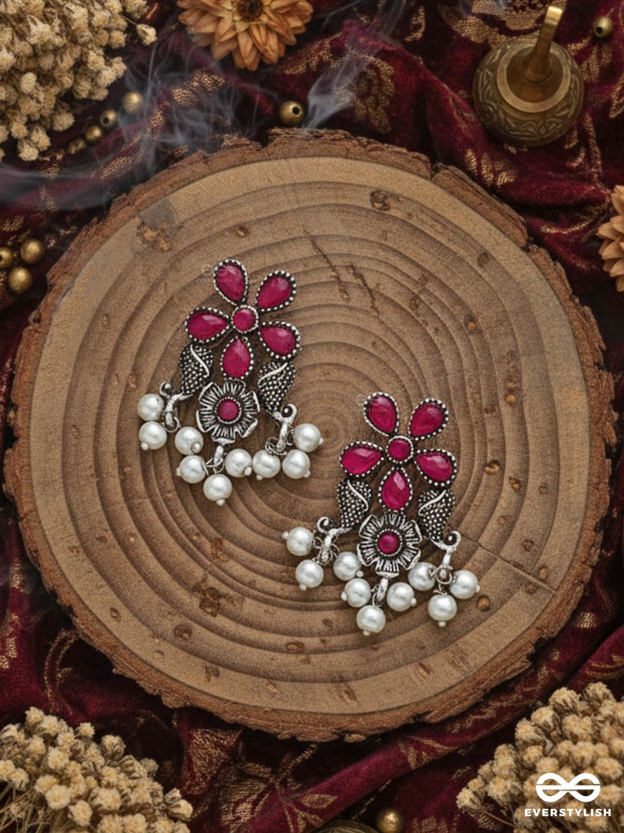 'A Floral Fantasy' - Embellished Oxidised Earrings (Ruby Red)