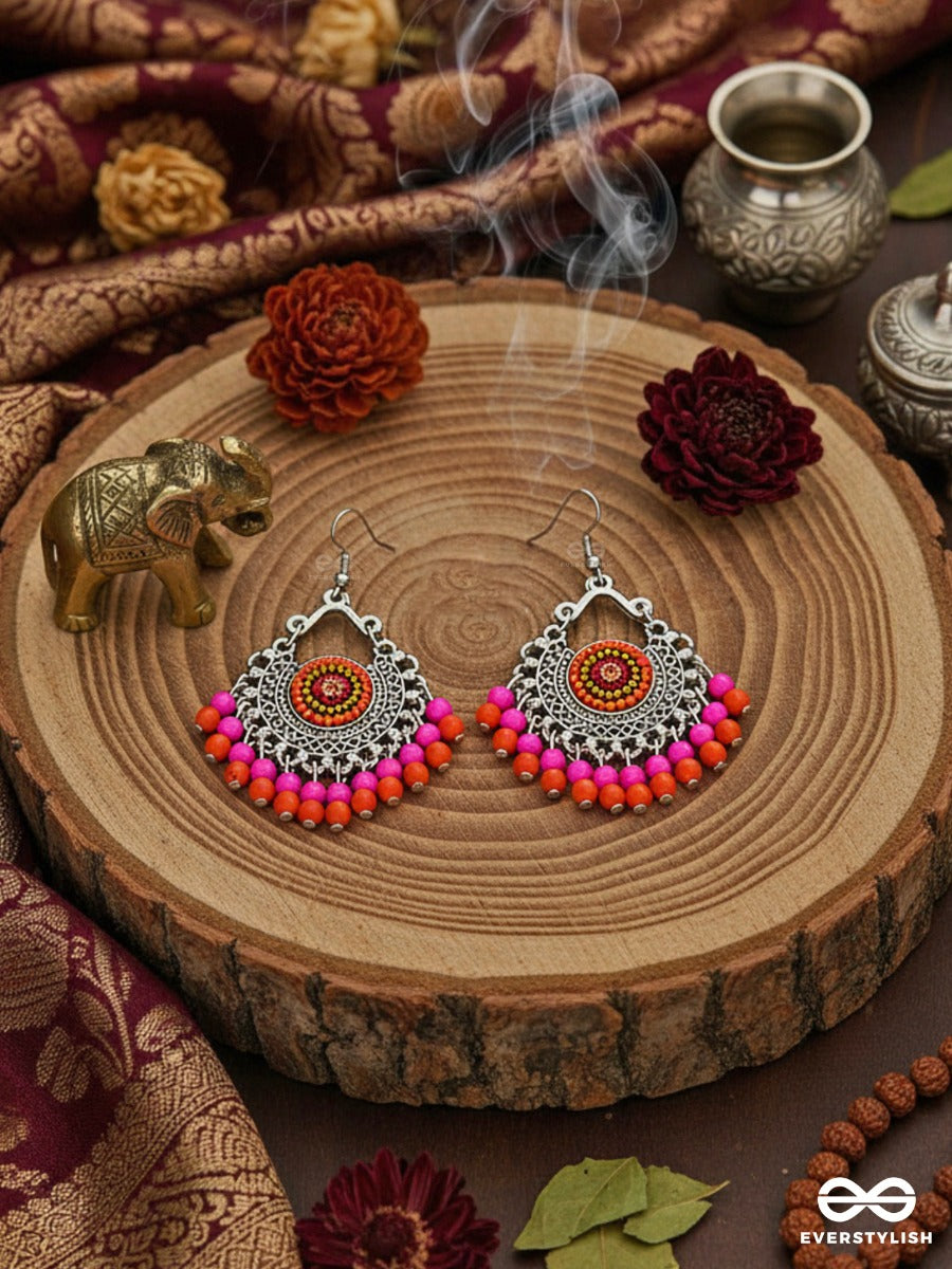 The Splendid Stunners (Orange-Pink) - Embroidered Oxidised Earrings
