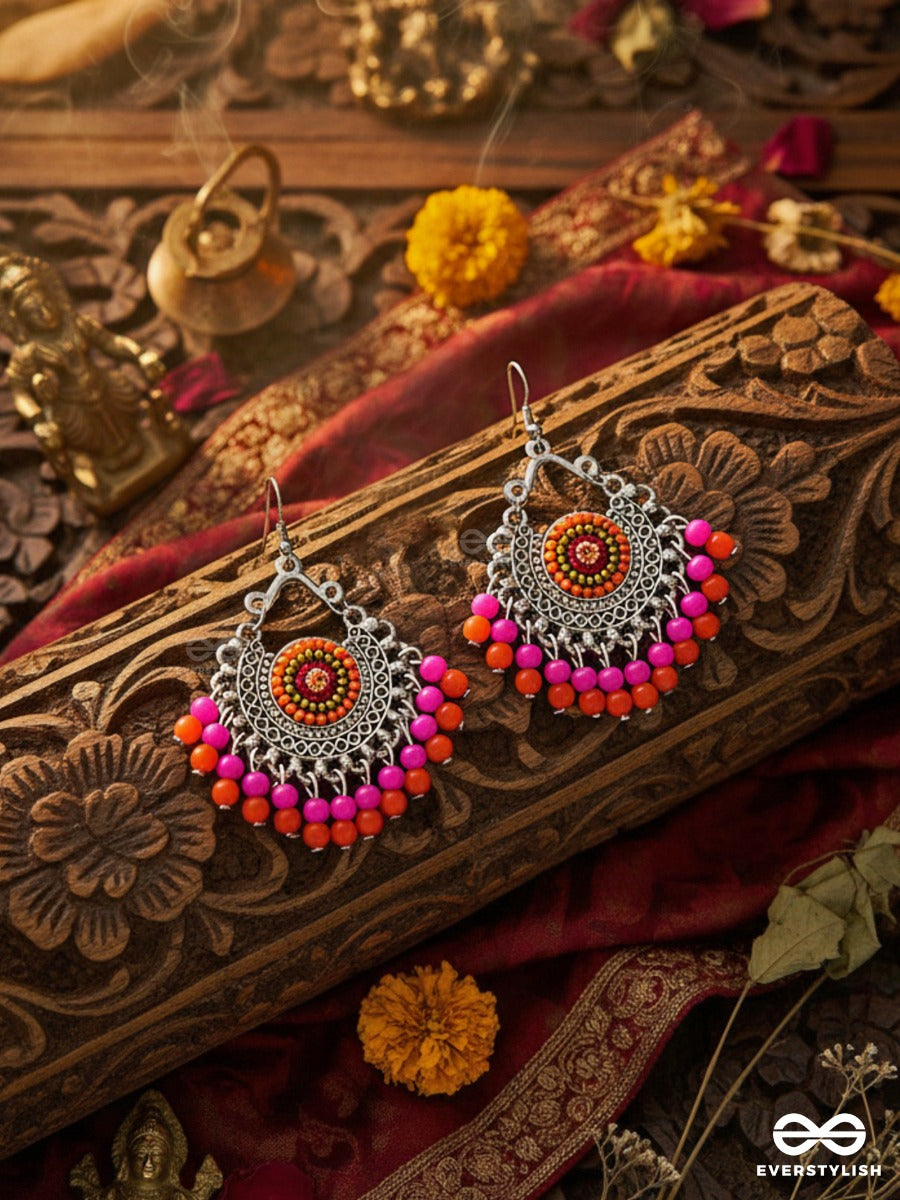 The Splendid Stunners (Orange-Pink) - Embroidered Oxidised Earrings