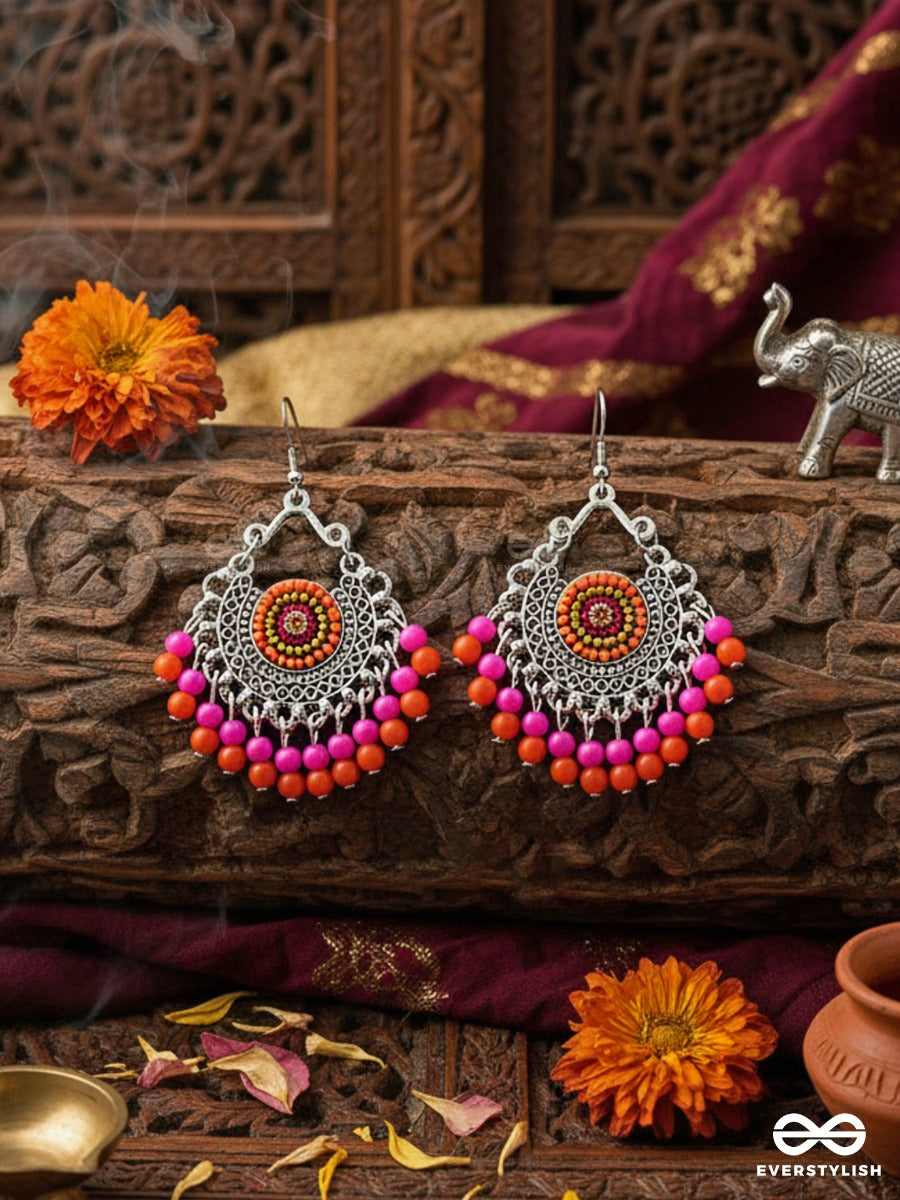 The Splendid Stunners (Orange-Pink) - Embroidered Oxidised Earrings