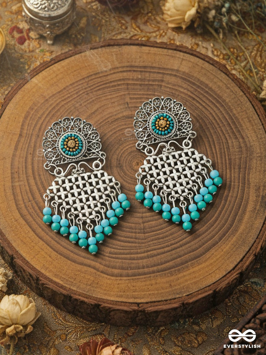 The Criss-Cross Embroidered Sun (Blue) - Embroidered Oxidised Earrings