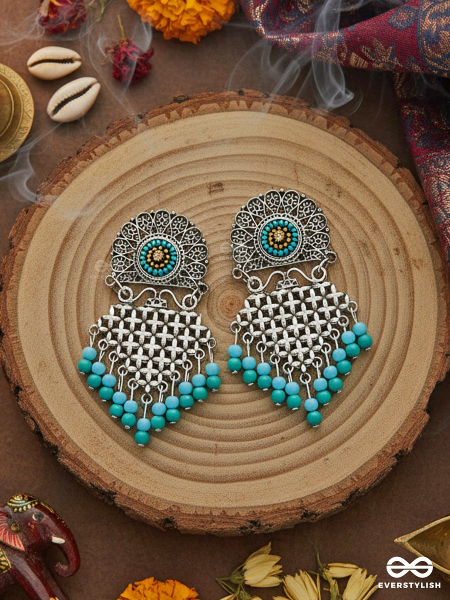 The Criss-Cross Embroidered Sun (Blue) - Embroidered Oxidised Earrings