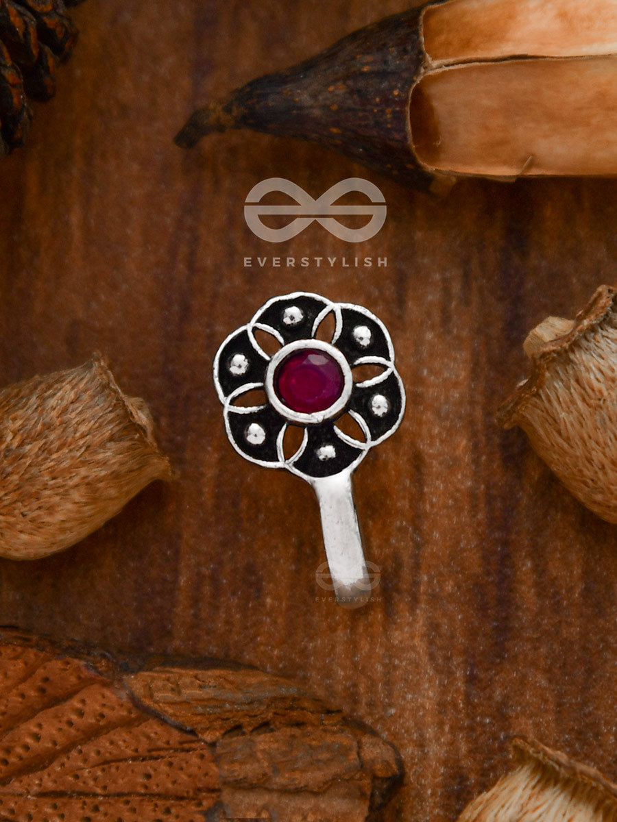 The Flower Of Ikigai- Oxidised Non-Pierced Nosering(Ruby Red)