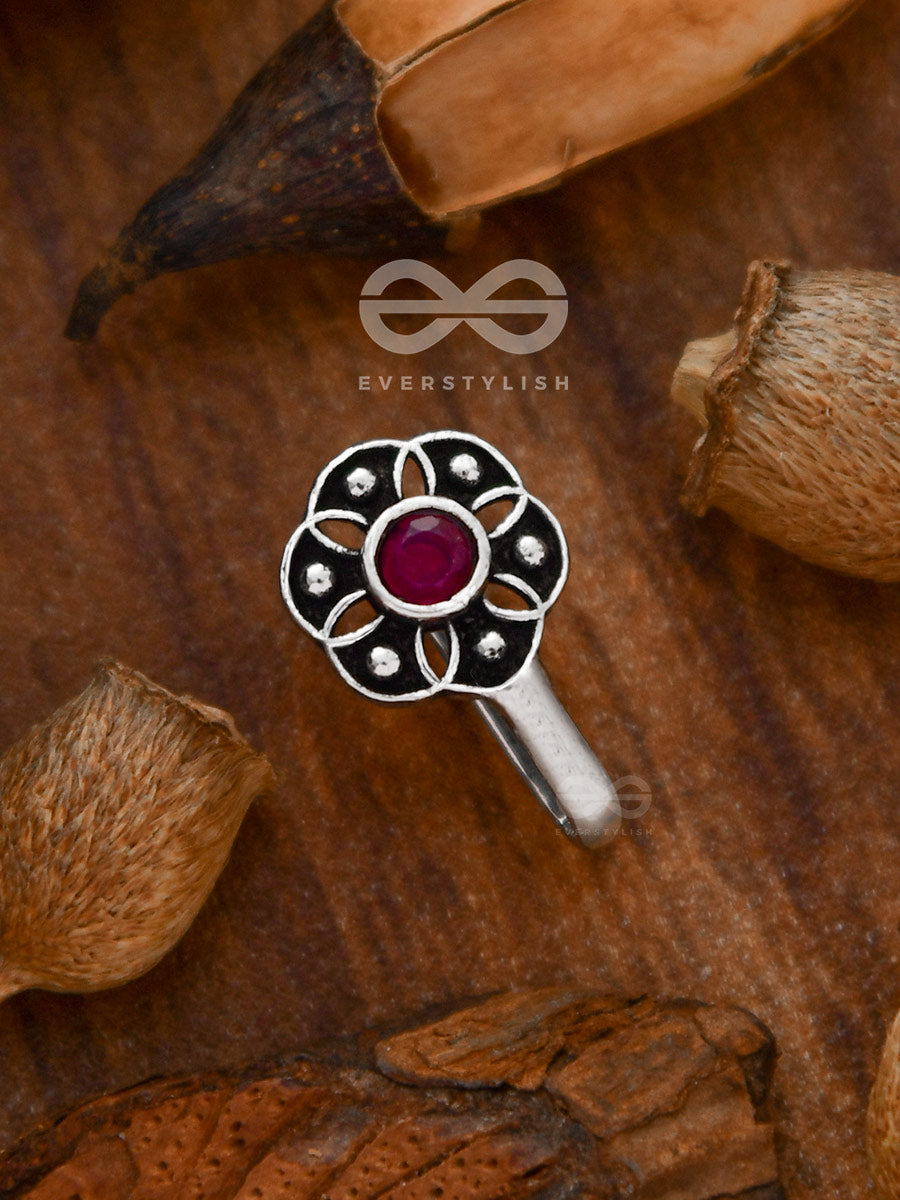 The Flower Of Ikigai- Oxidised Non-Pierced Nosering(Ruby Red)