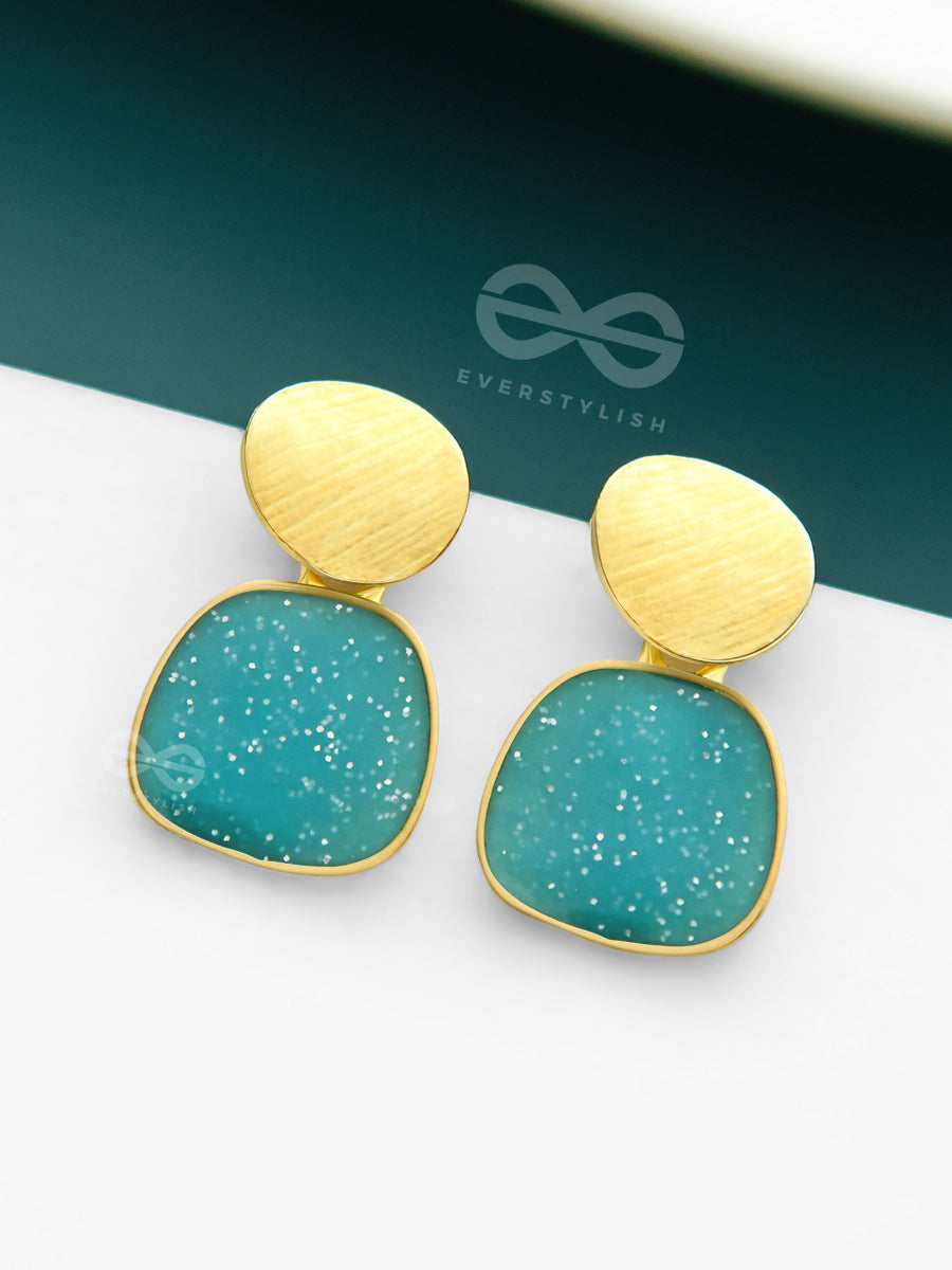 The Classy Shimmer - Statement Golden Earrings (Teal)