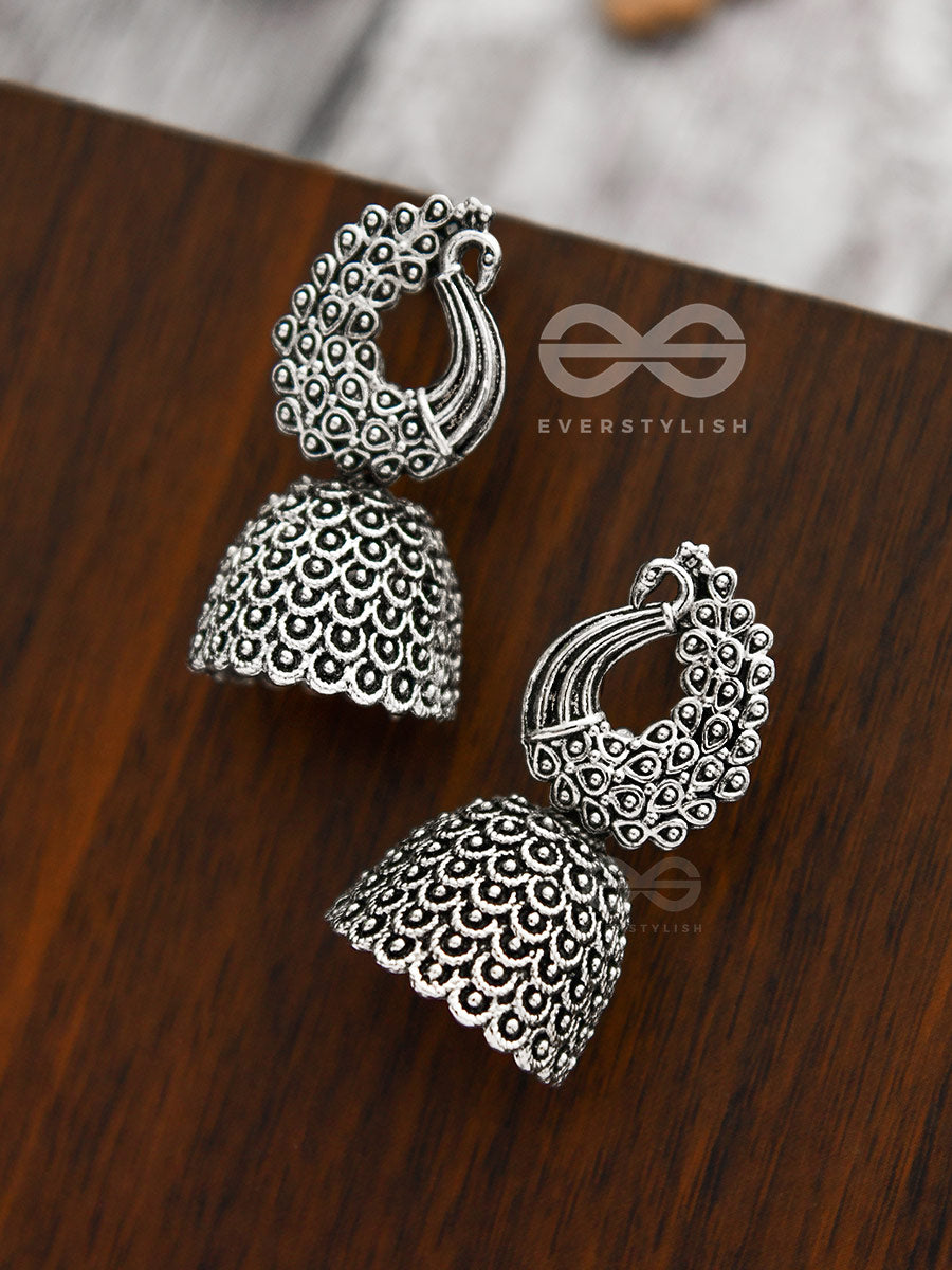 The Intricate Peacock Delight - Oxidised Boho Jhumkas