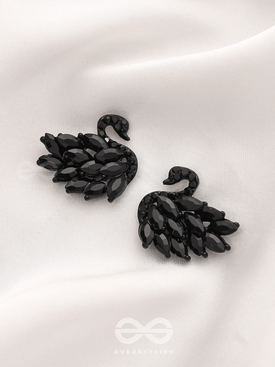 The Crystal Feathered Swans - Statement Embellished Studs - Black