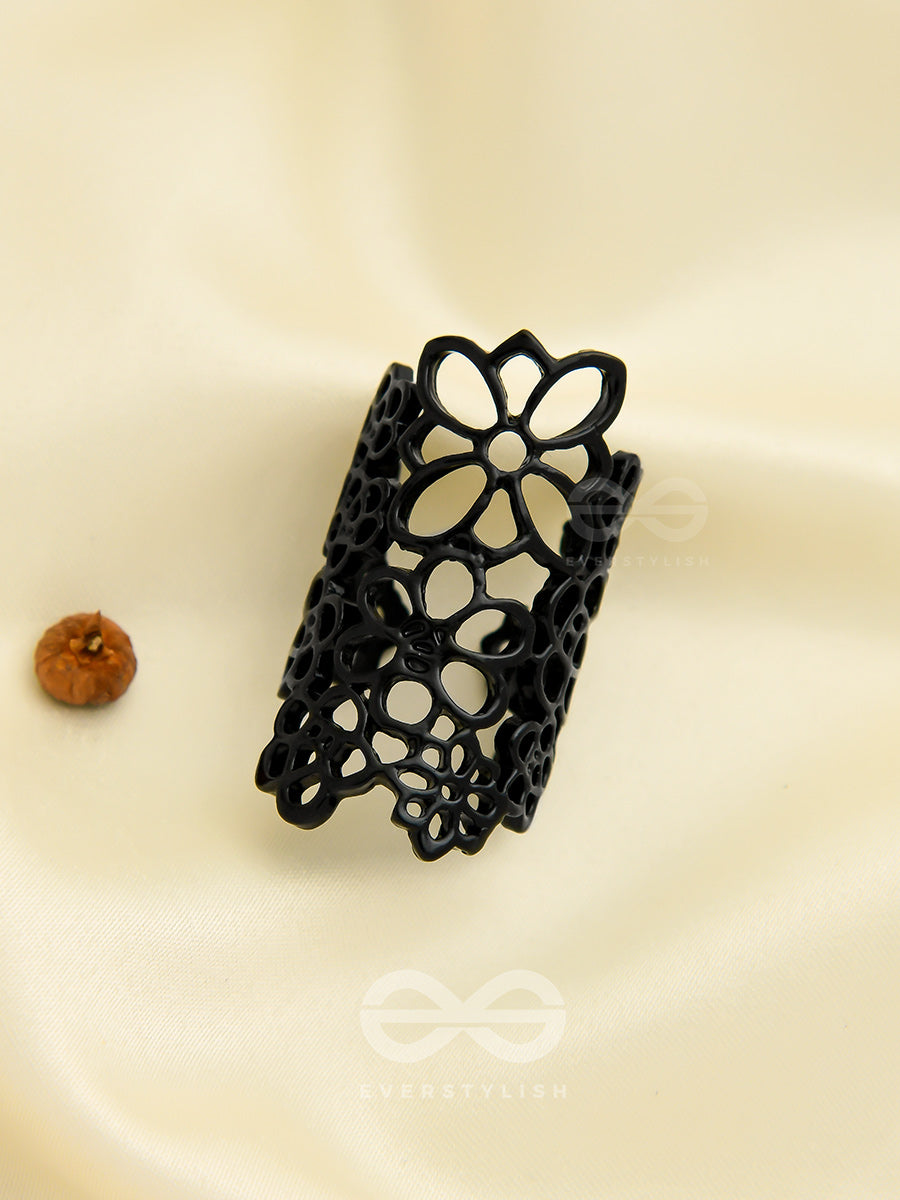 The Alluring Floral Adjustable Ring- Coal Black