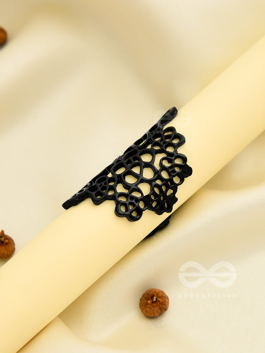 The Alluring Floral Adjustable Ring- Coal Black