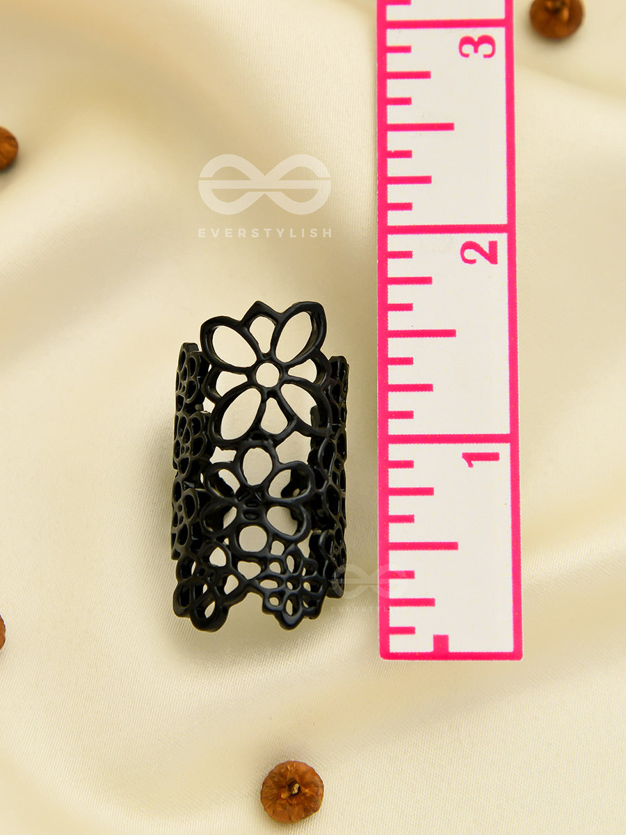 The Alluring Floral Adjustable Ring- Coal Black
