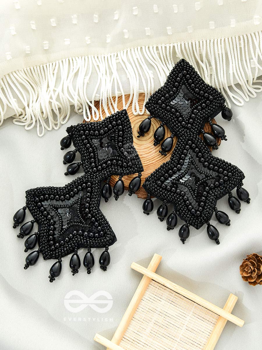 The Royal Glamour - Embroidered Pearl Statement Earrings (Black)