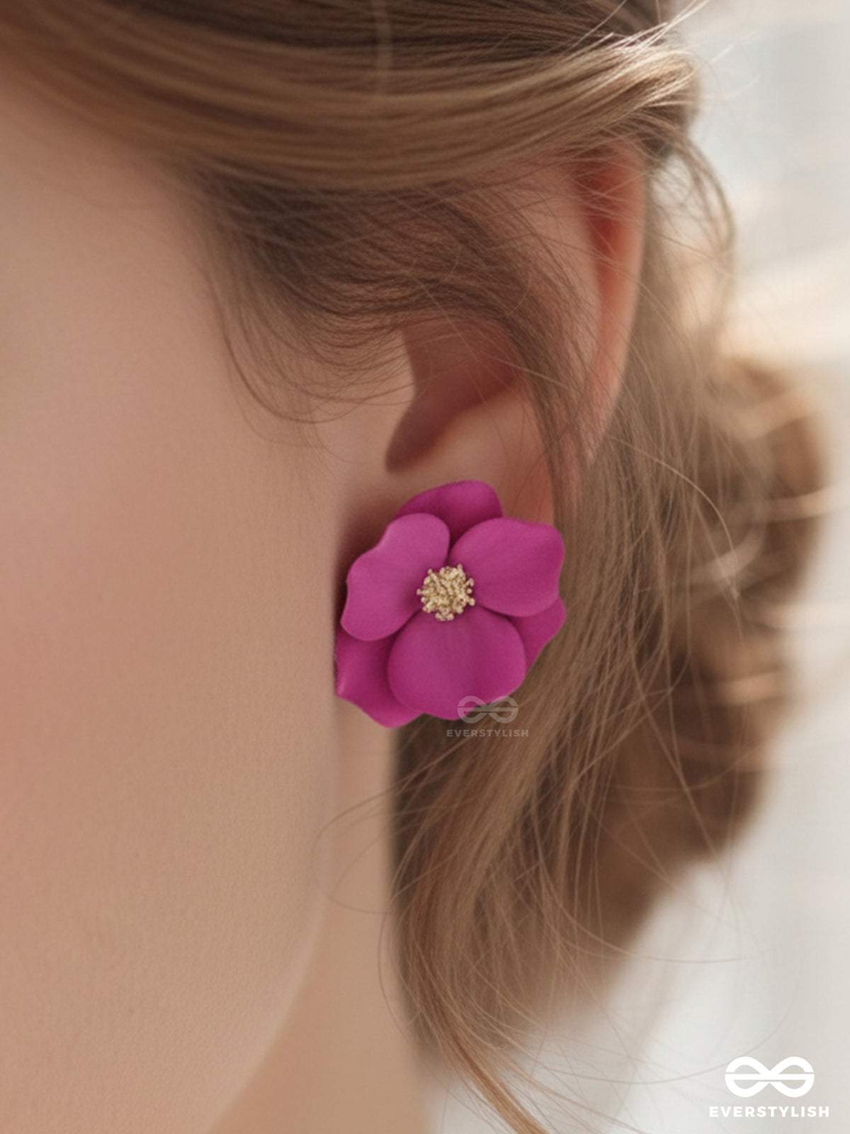 The Poised Periwinkles - Statement Floral Studs (Fushcia)