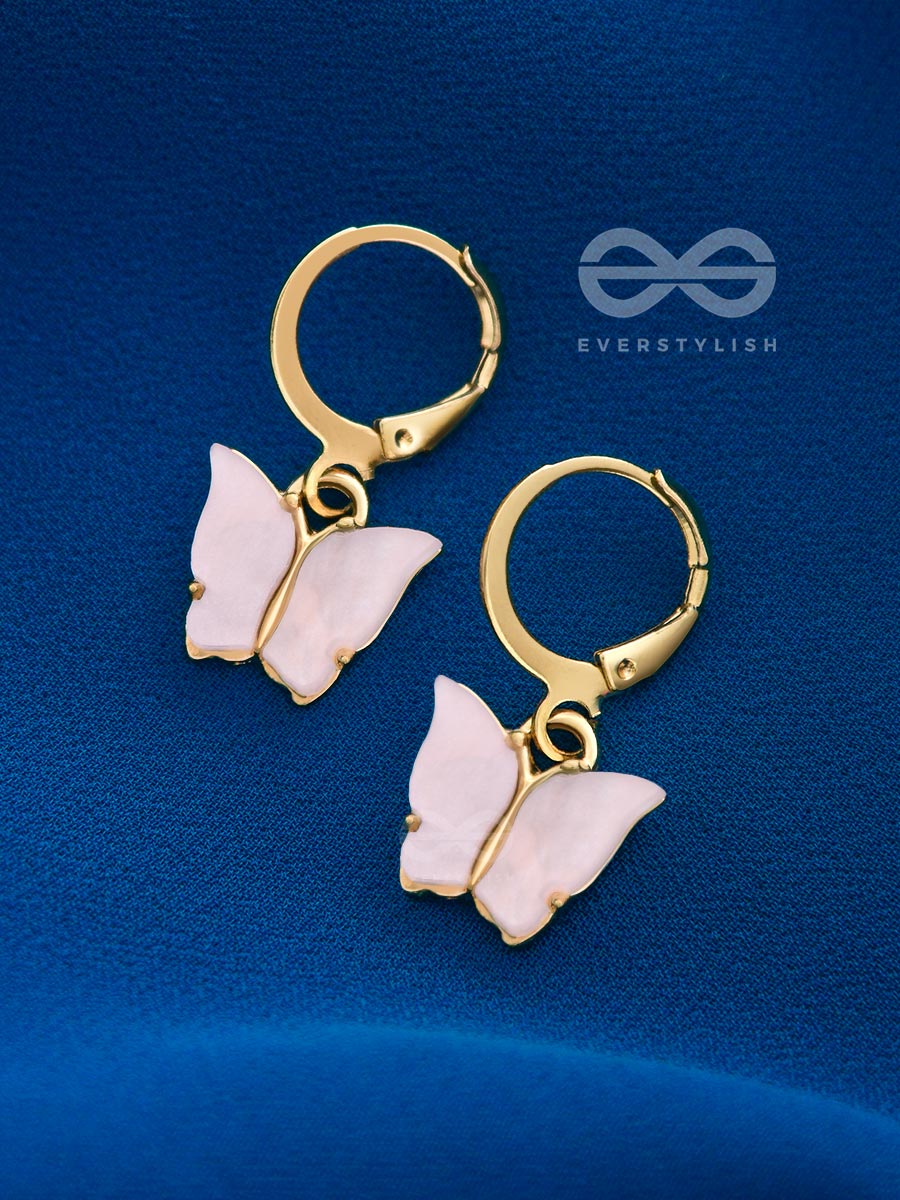 Take The Sky Like A Butterfly - Cute Golden Dangler Earrings (Baby Pink)