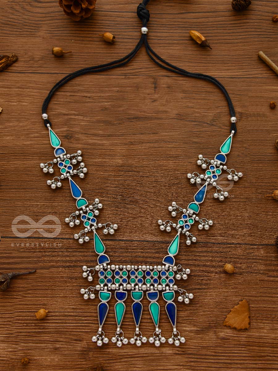 The Bohemian Jaw Droppers - Statement Set Of Meenakari Neckpiece And Earrings (Teal-Blue)