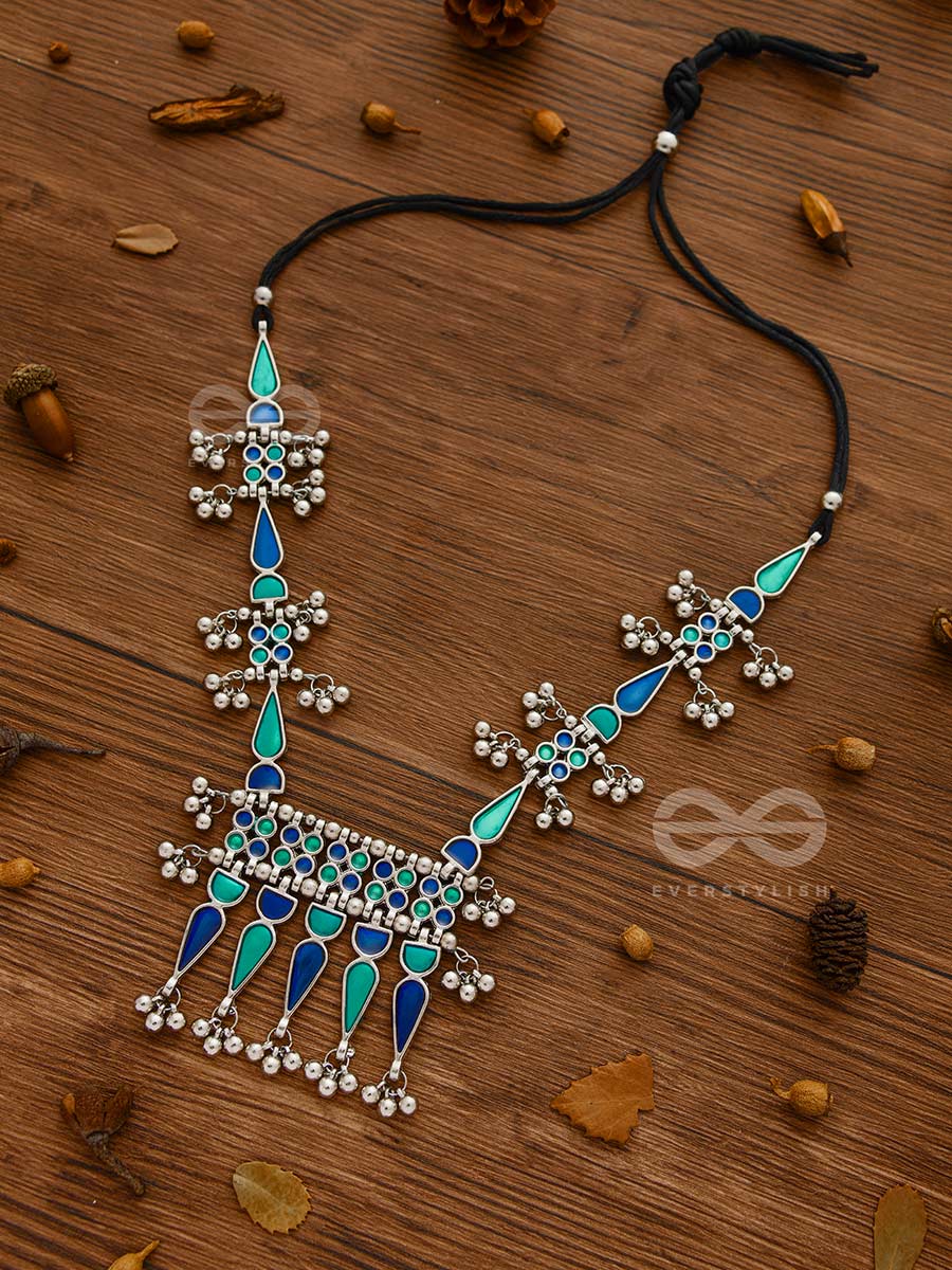 The Bohemian Jaw Droppers - Statement Set Of Meenakari Neckpiece And Earrings (Teal-Blue)