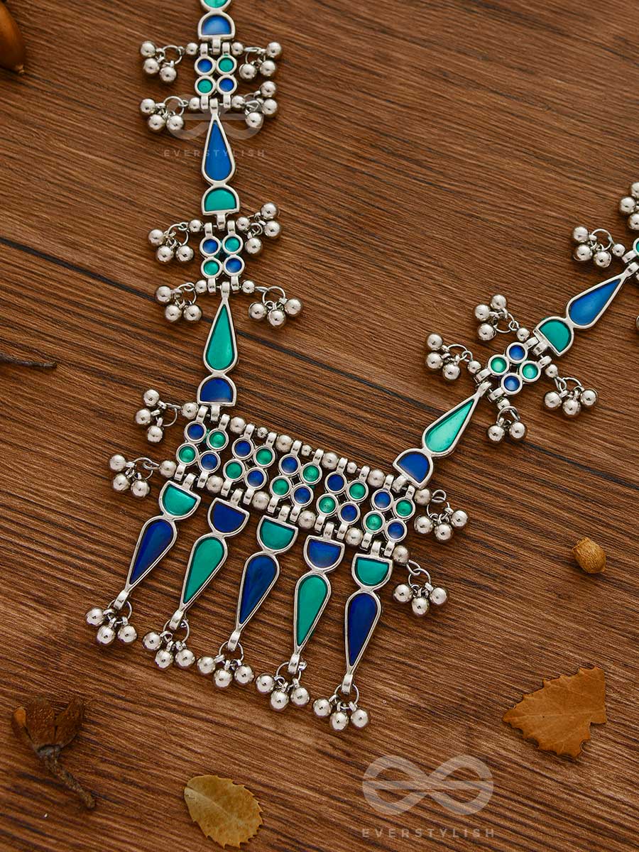 The Bohemian Jaw Droppers - Statement Set Of Meenakari Neckpiece And Earrings (Teal-Blue)