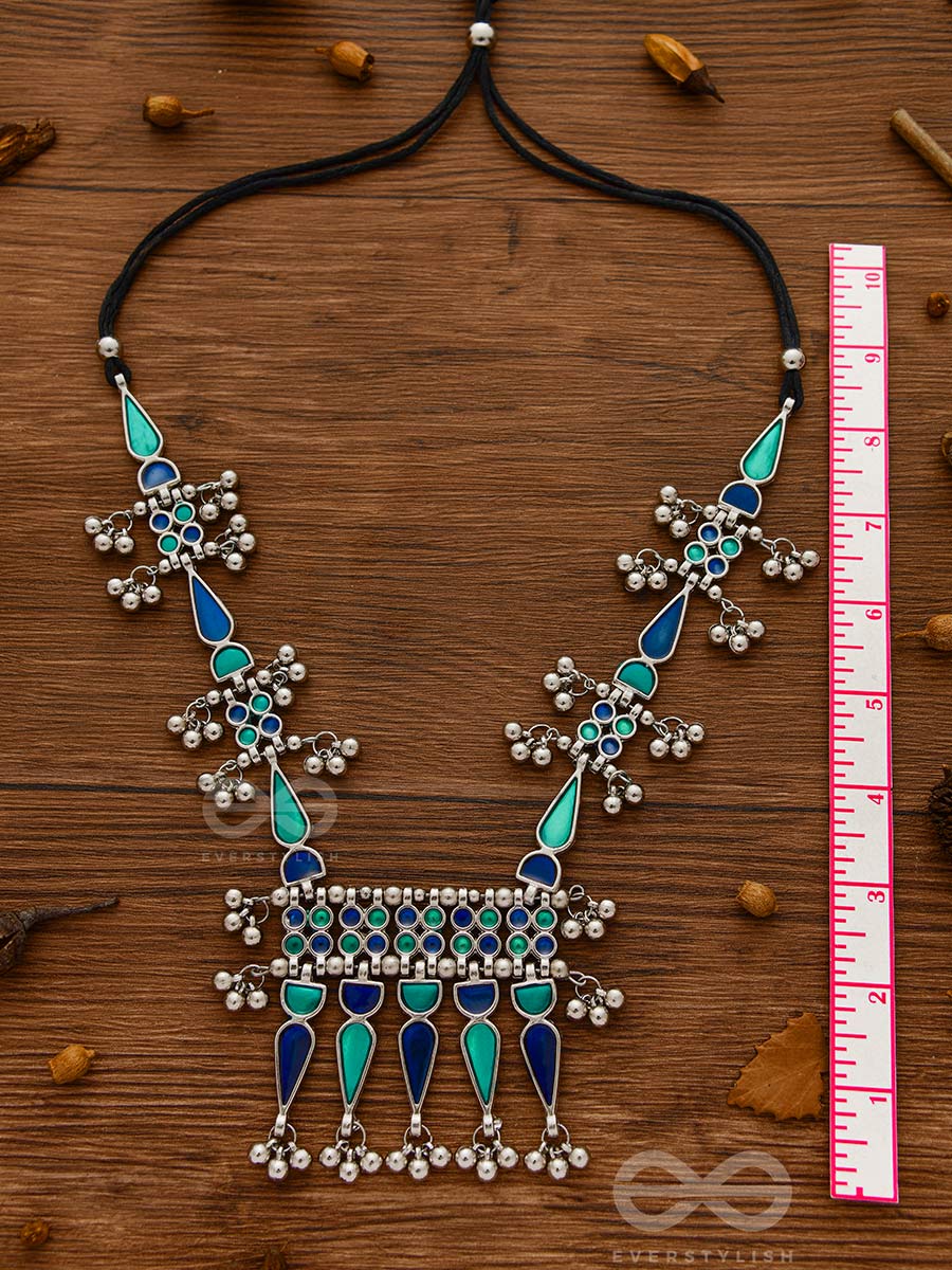 The Bohemian Jaw Droppers - Statement Set Of Meenakari Neckpiece And Earrings (Teal-Blue)