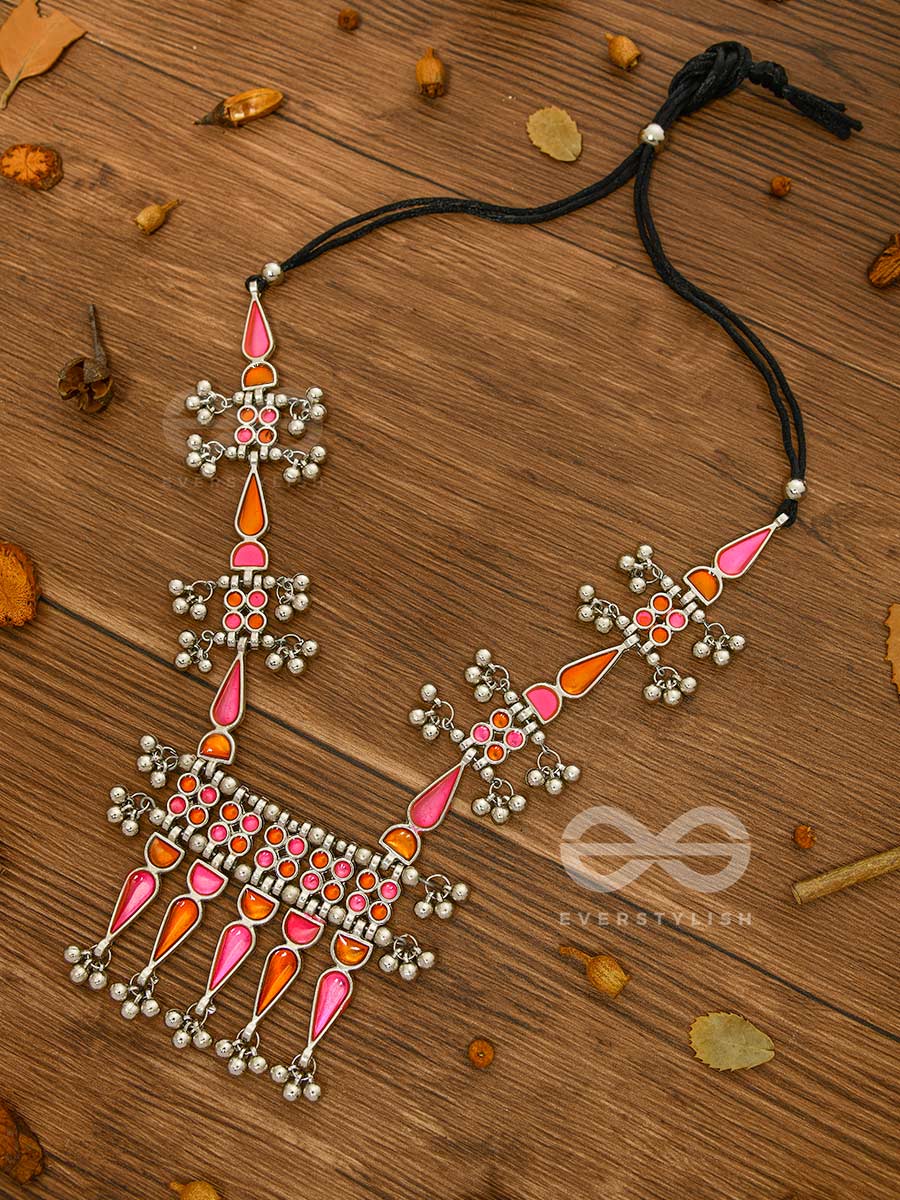 The Bohemian Jaw Droppers - Statement Set Of Meenakari Neckpiece And Earrings (Orange-Pink)