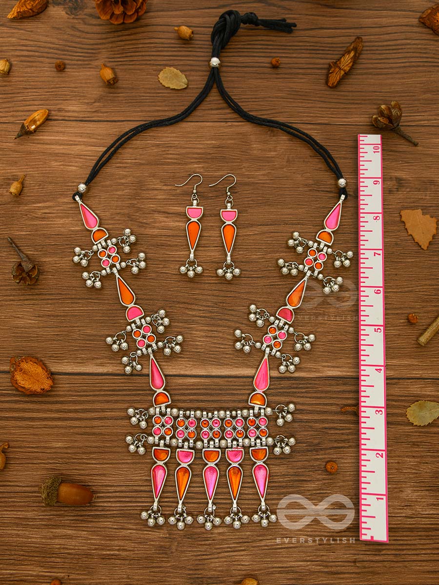 The Bohemian Jaw Droppers - Statement Set Of Meenakari Neckpiece And Earrings (Orange-Pink)