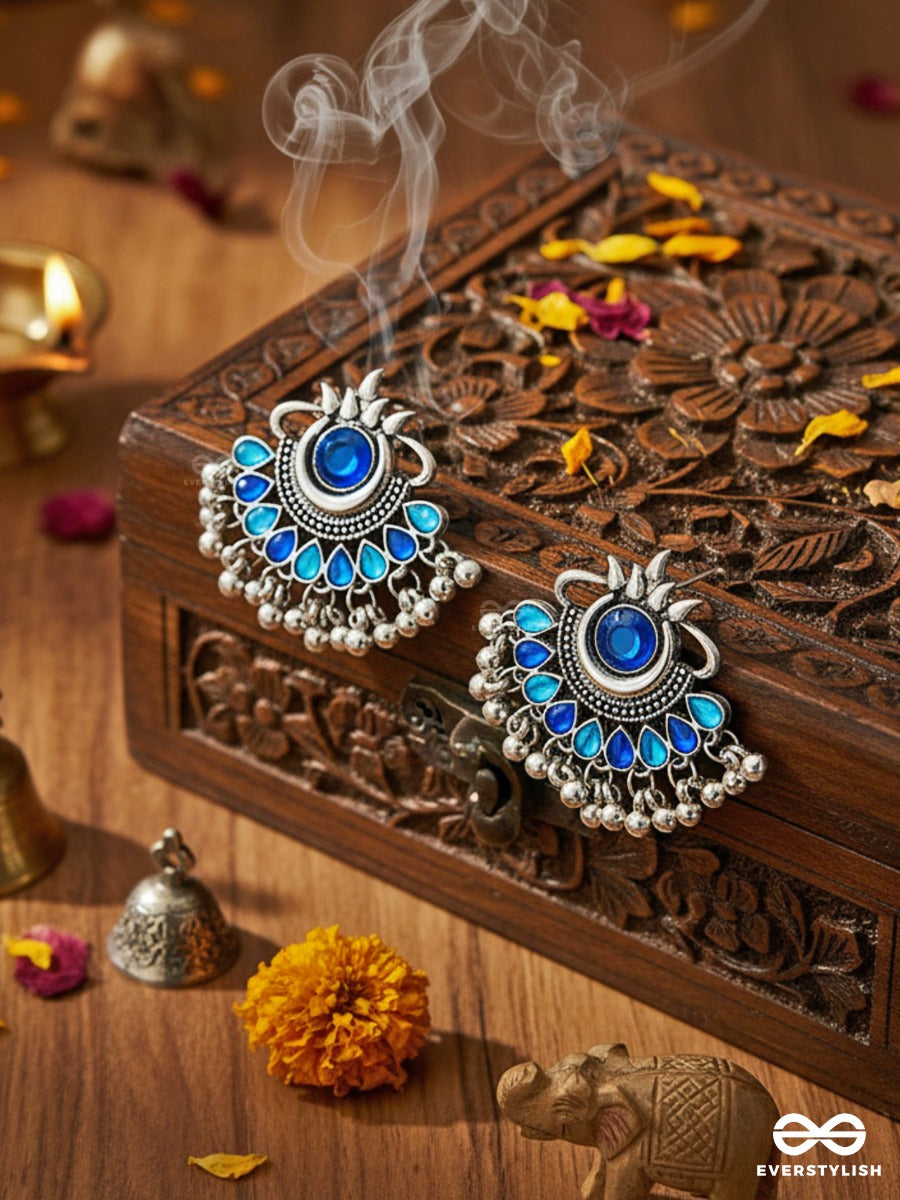 A Bohemian Tale - Embellished Oxidised Earrings (Teal Blue)