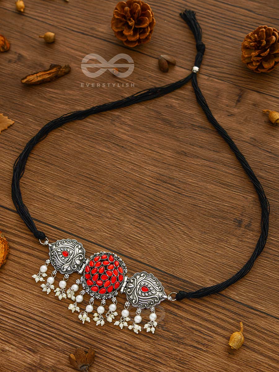 The Intricate Epitome - Embellished Oxidised Set Of Choker And Earrings (Carmine Red)