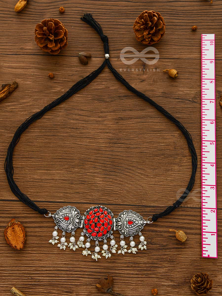 The Intricate Epitome - Embellished Oxidised Set Of Choker And Earrings (Carmine Red)
