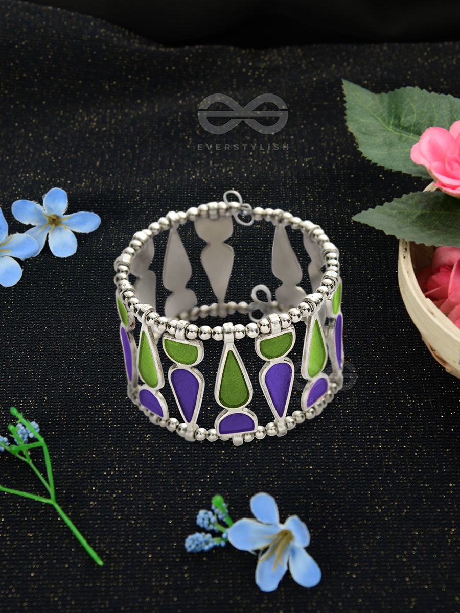 Kaliedoscope Of Colours - Statement Enamelled Bracelet (Violet - Green)