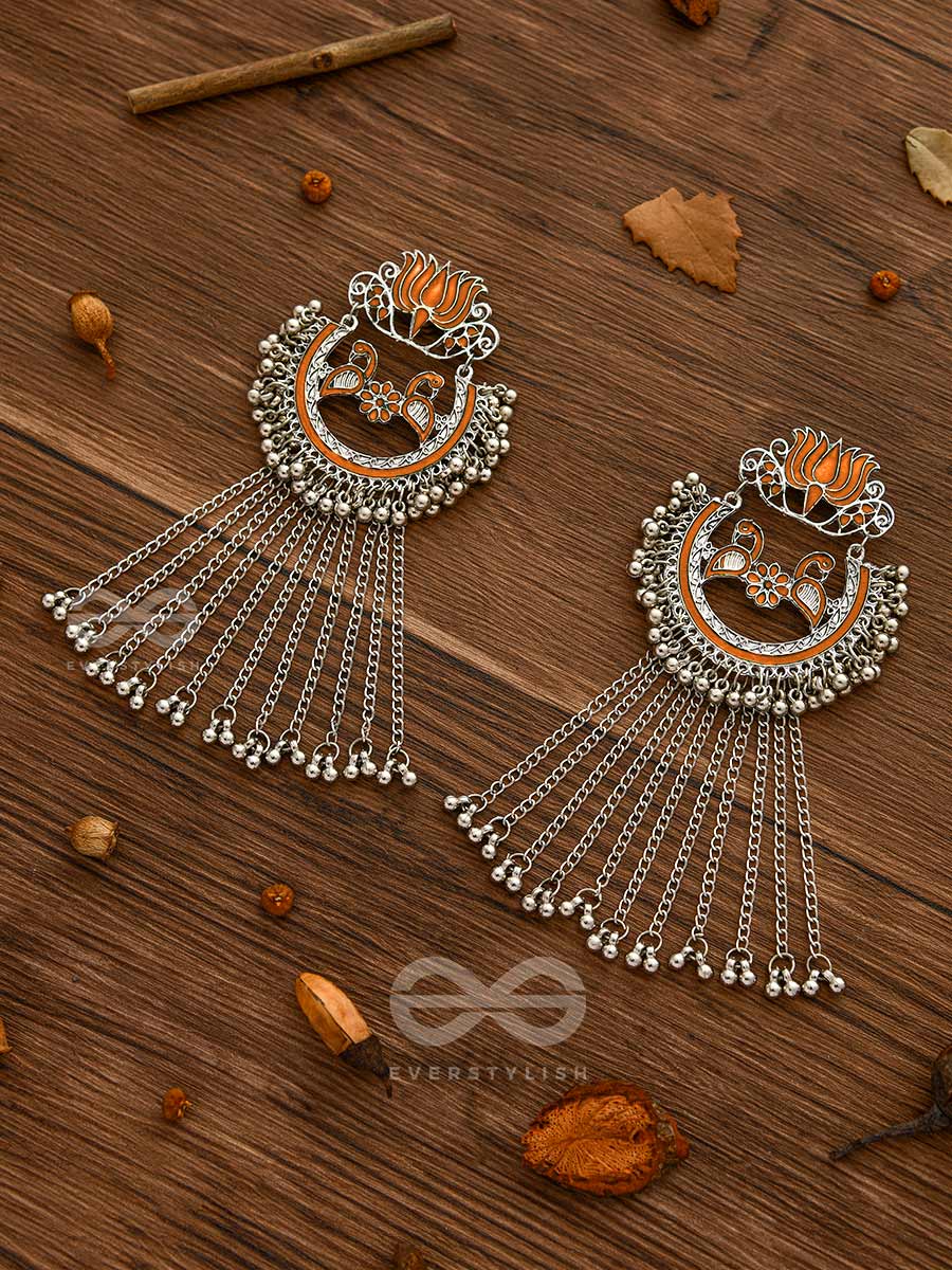 'The Dangling Blooming Lotus - Statement Meenakari Earrings (Pumpkin)'