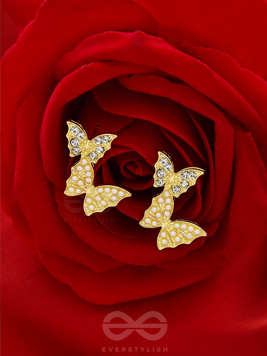 Binary Butterflies- Rhinestones And Pearls Studded Golden Earrings