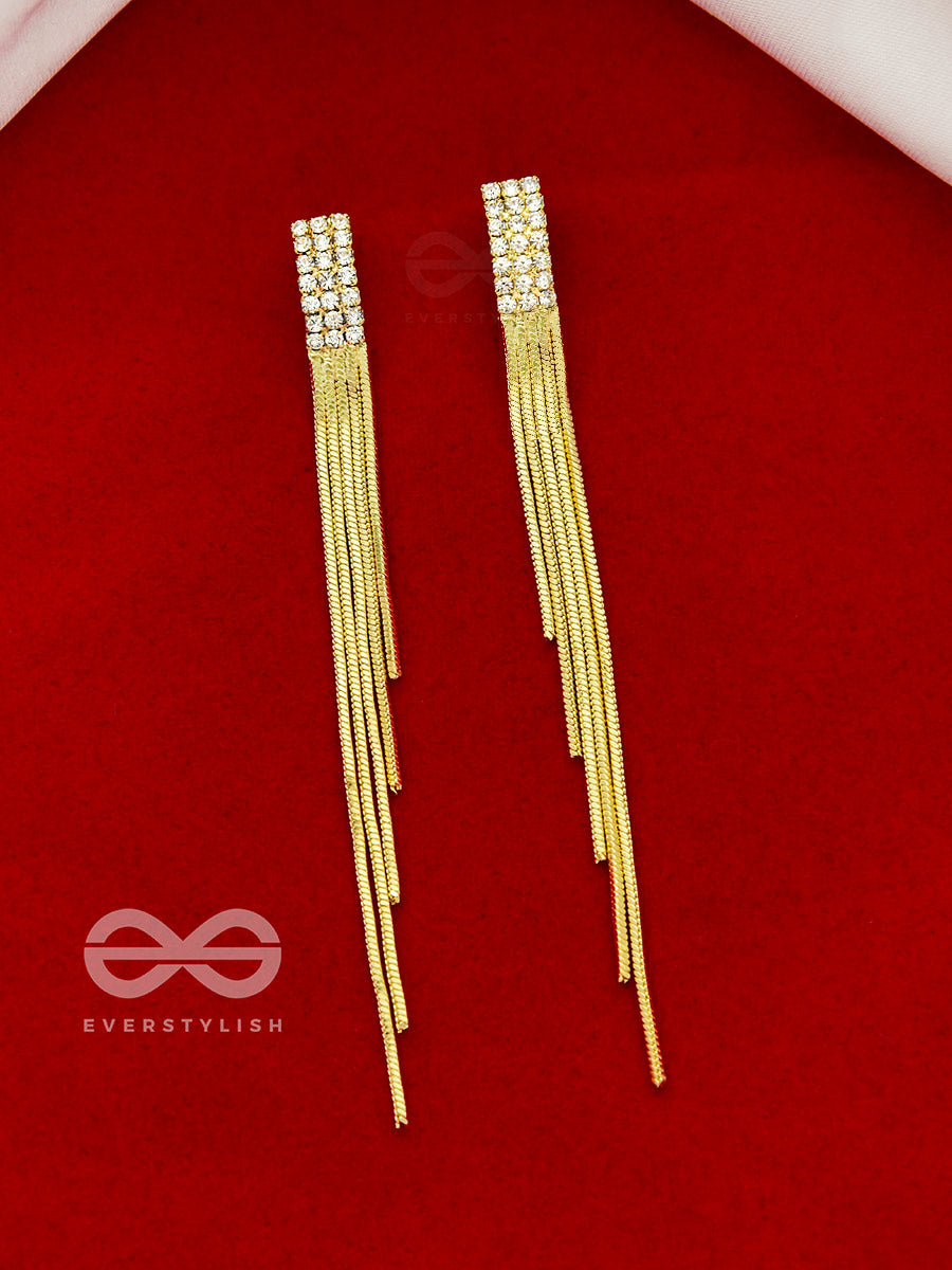 Melting Glint- Rhinestones Encrusted Golden Dangler Earrings