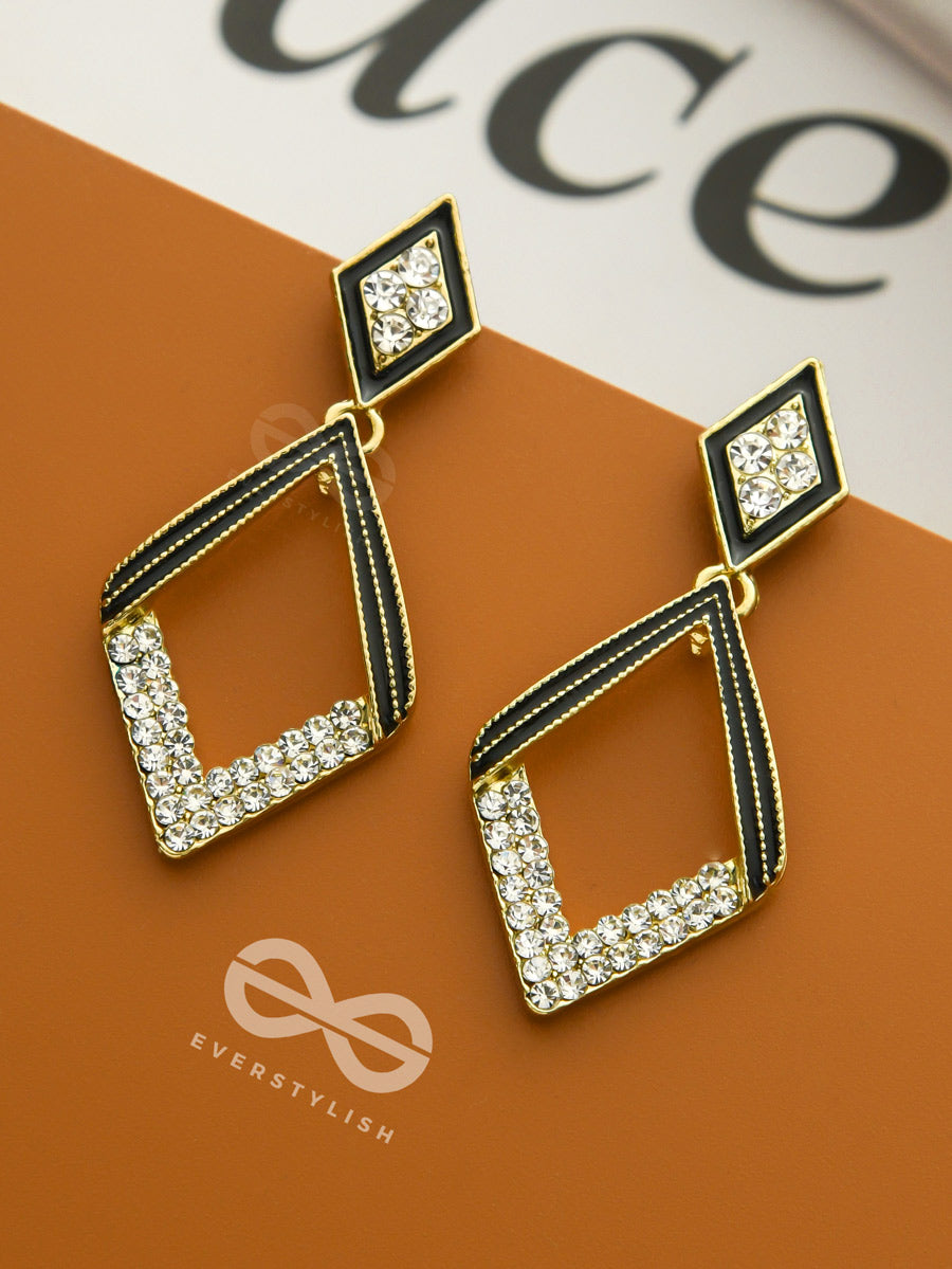 Paired Paragons- Diamond-Shaped Black And Golden Earrings