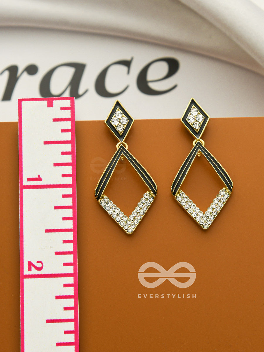 Paired Paragons- Diamond-Shaped Black And Golden Earrings