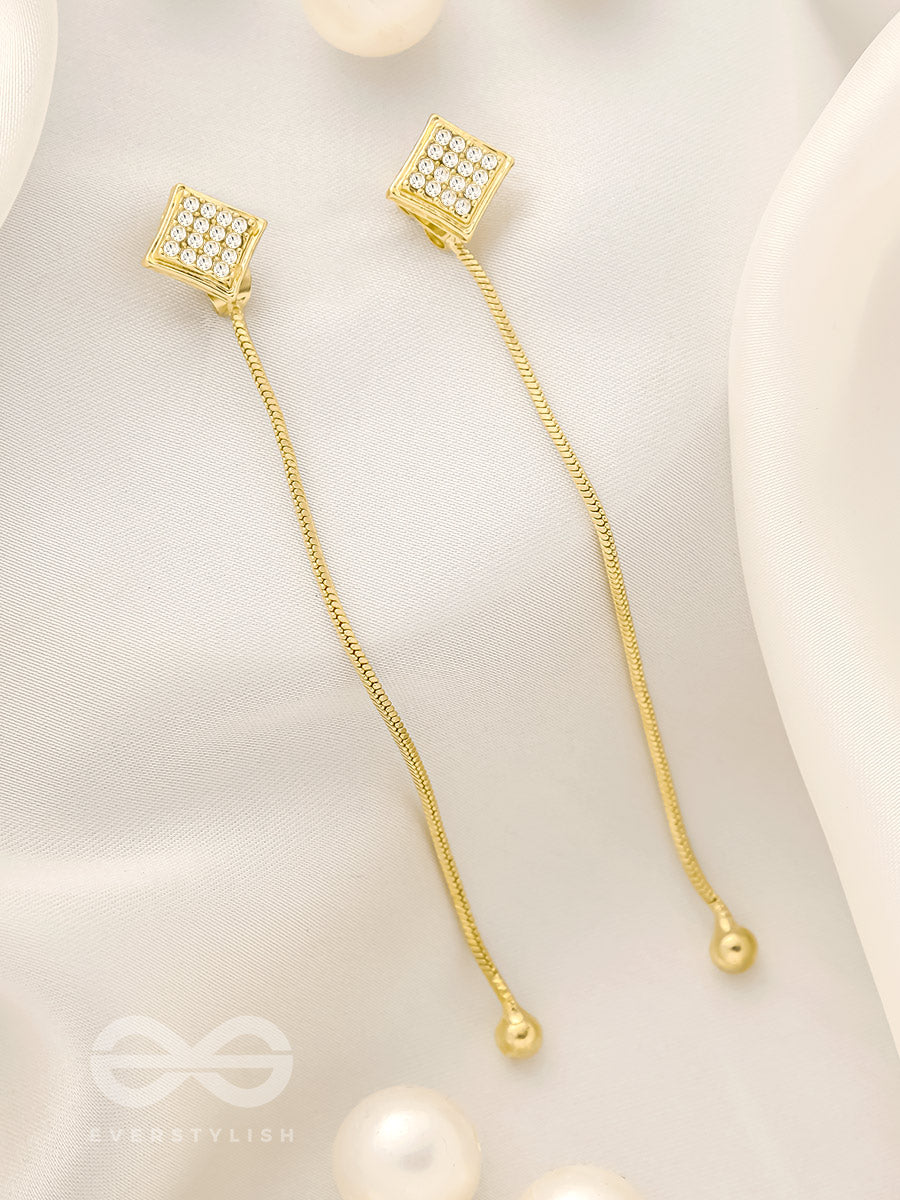 Drops Of Gold- Rhinestones Encrusted Golden Dangler Earrings