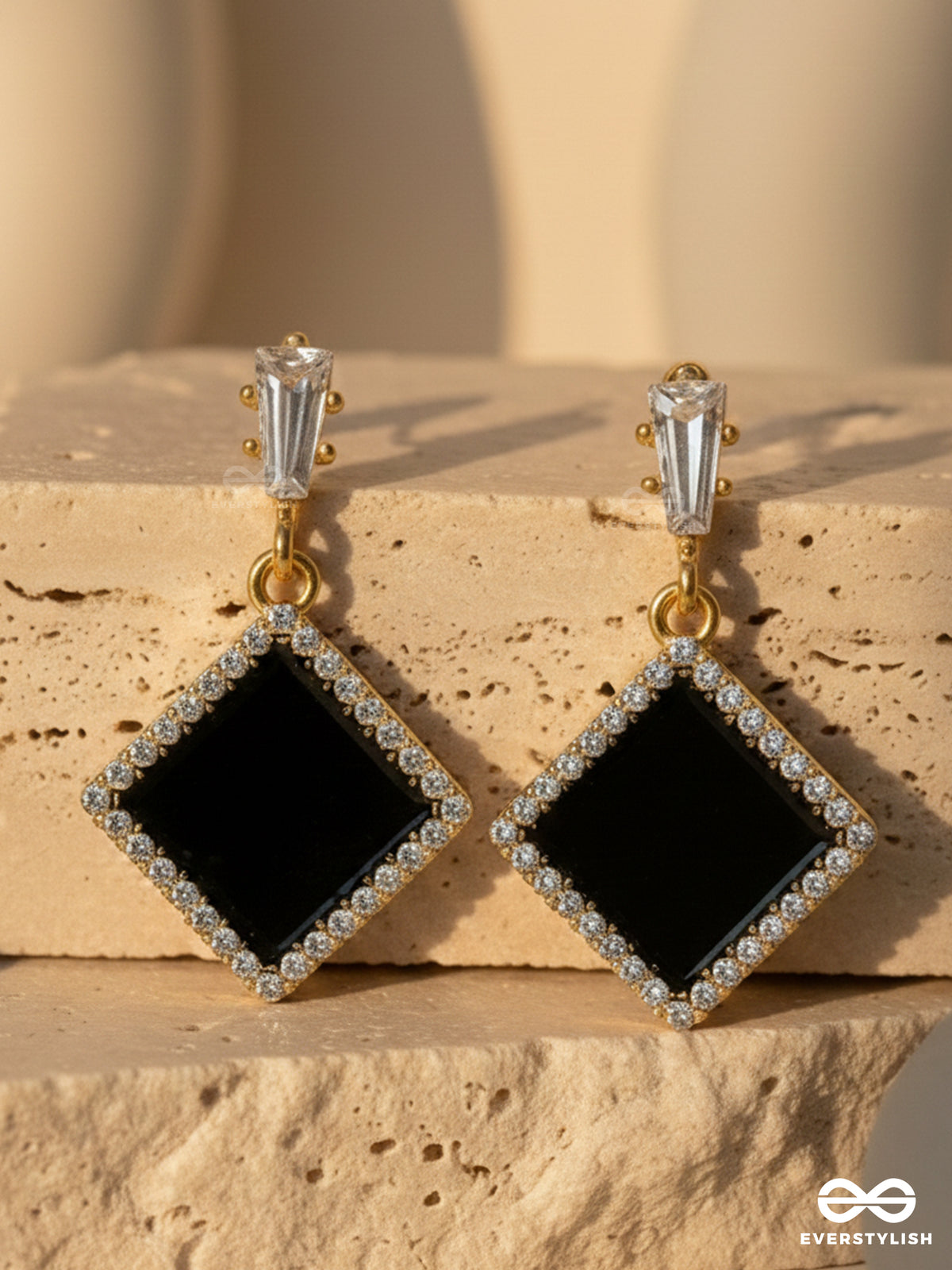 Stygian Squares- Gem Stone And Rhinestones Studded Black And Golden Earrings