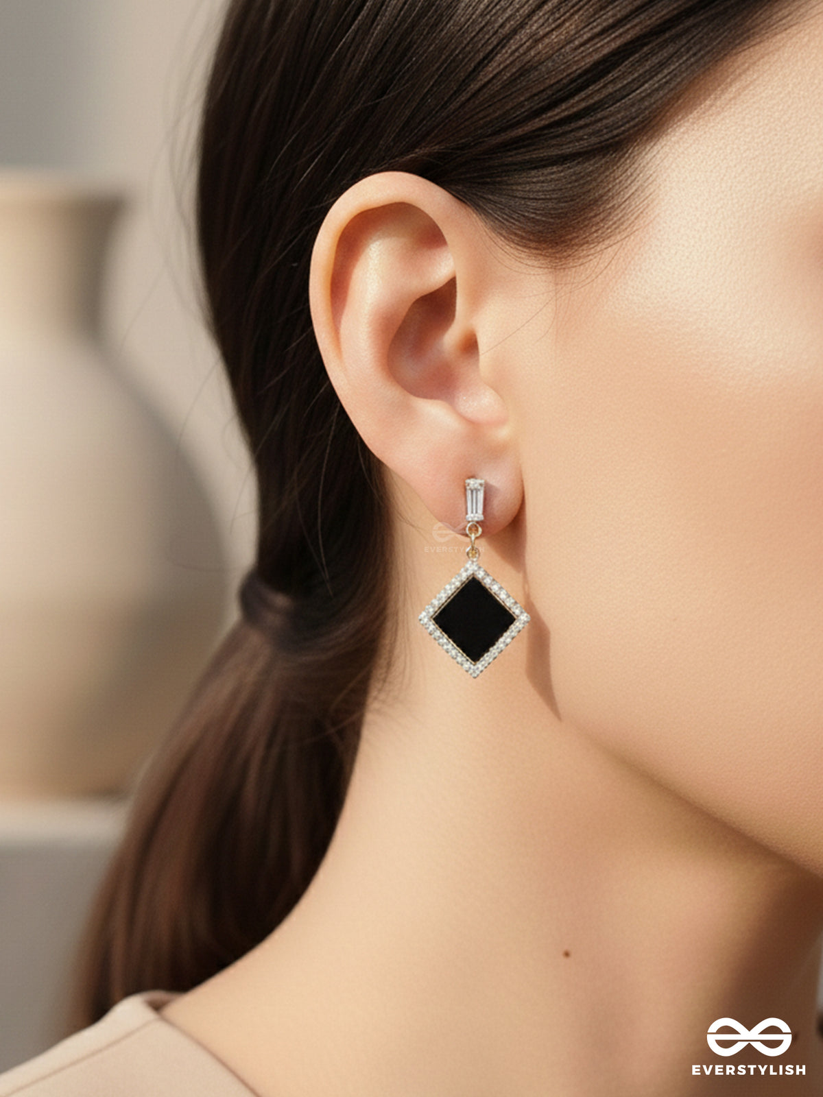 Stygian Squares- Gem Stone And Rhinestones Studded Black And Golden Earrings
