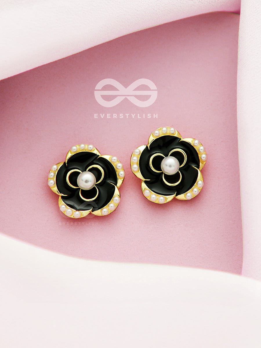 Dusky Blooms- Pearls Studded Black And Golden Earrings