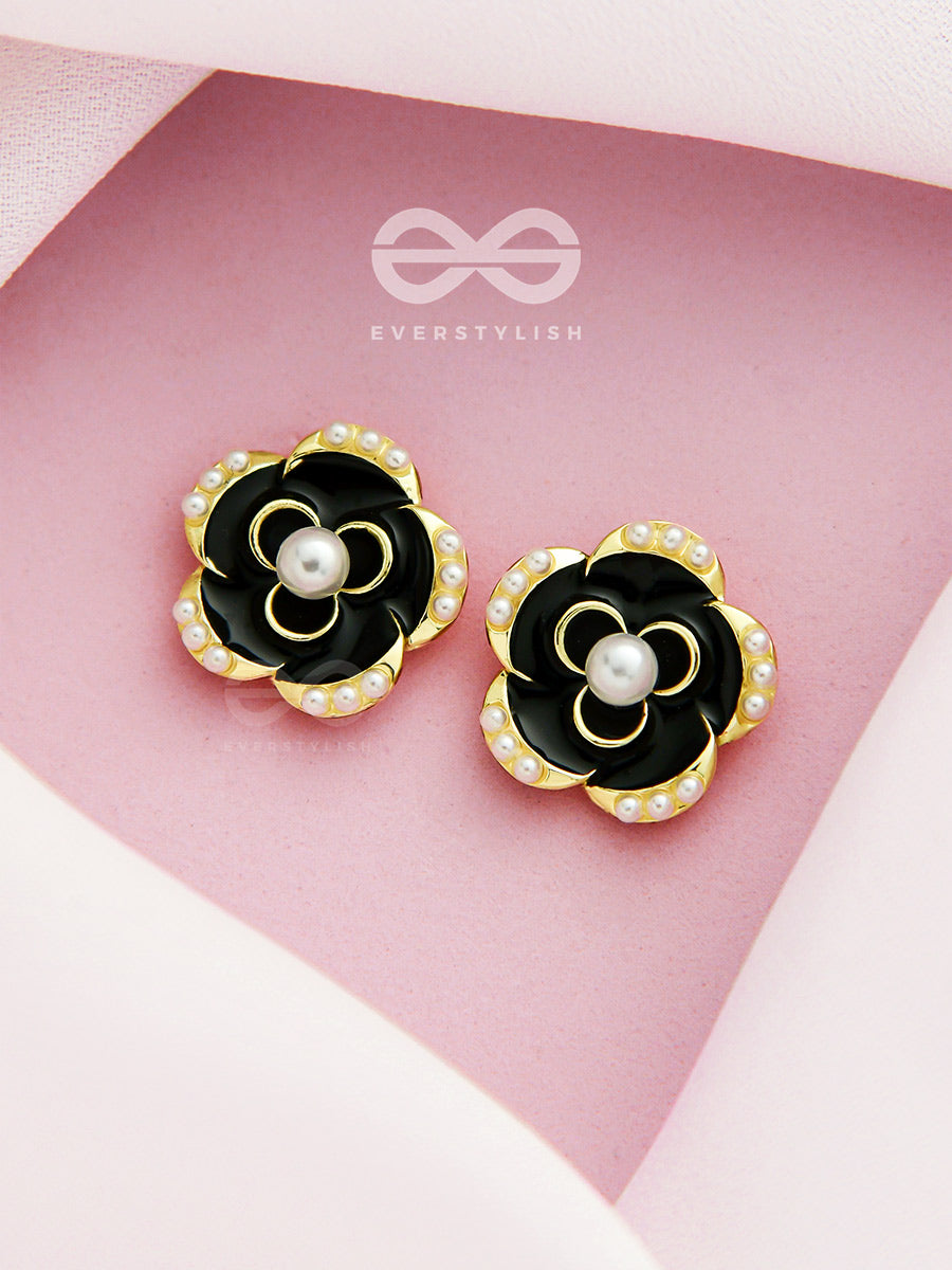 Dusky Blooms- Pearls Studded Black And Golden Earrings