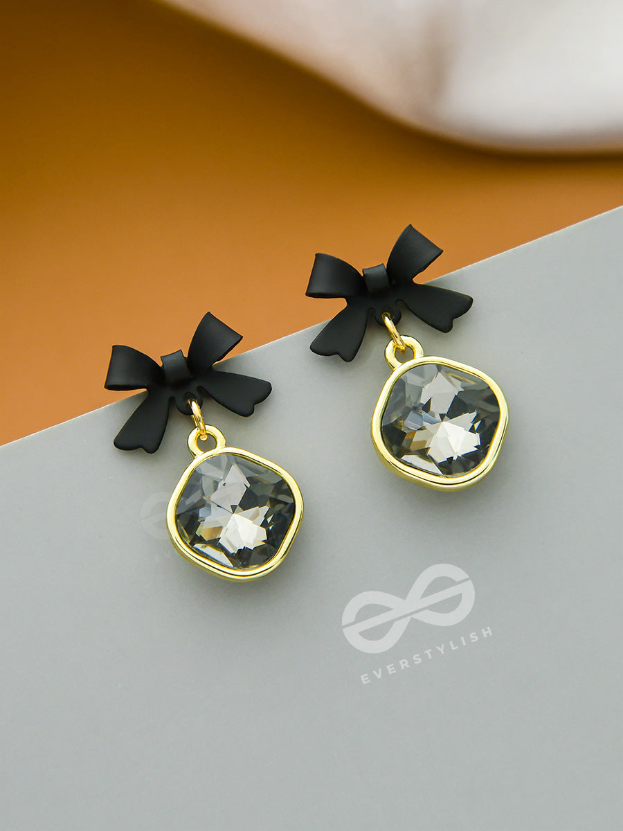 Black Magic Bows- Black And Golden Crystal Earrings