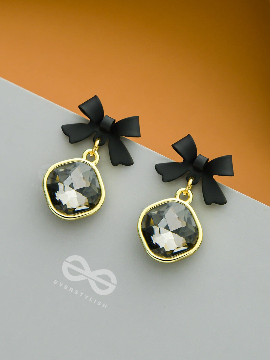 Black Magic Bows- Black And Golden Crystal Earrings