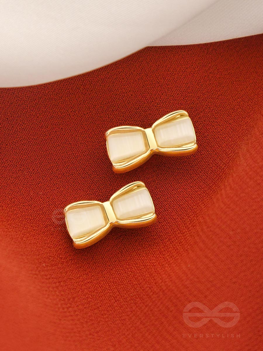 Bow Spring- White And Golden Earrings