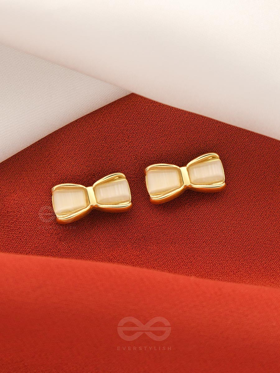 Bow Spring- White And Golden Earrings