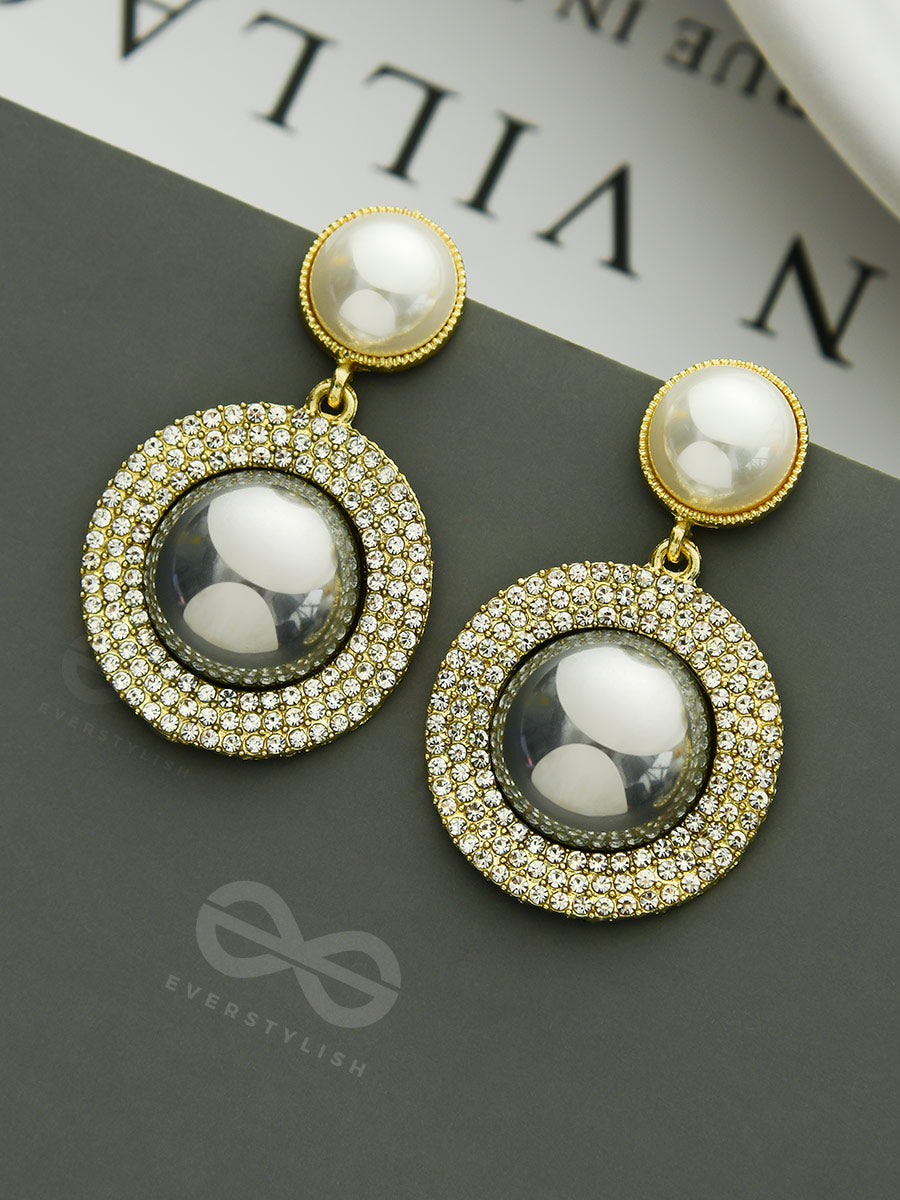 The Ashen Sun- Rhinestones Studded Grey And White Pearl Earrings