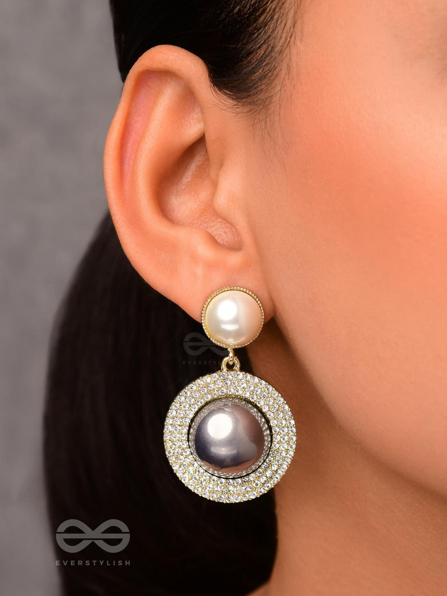 The Ashen Sun- Rhinestones Studded Grey And White Pearl Earrings