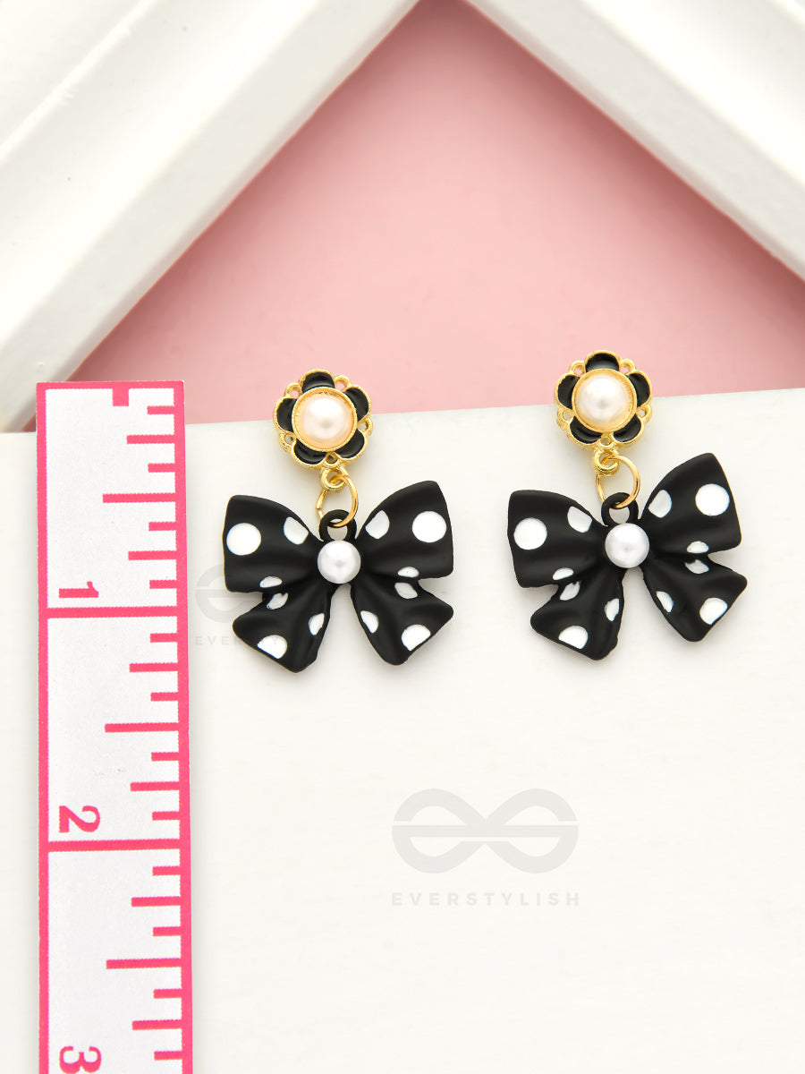 Take A Bow, Polka- Black And White Golden Pearl Earrings