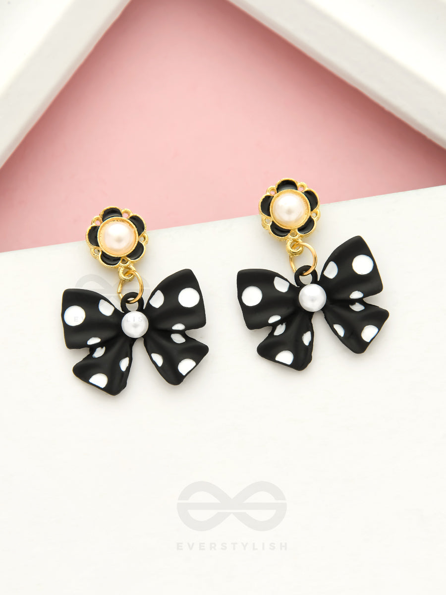 Take A Bow, Polka- Black And White Golden Pearl Earrings