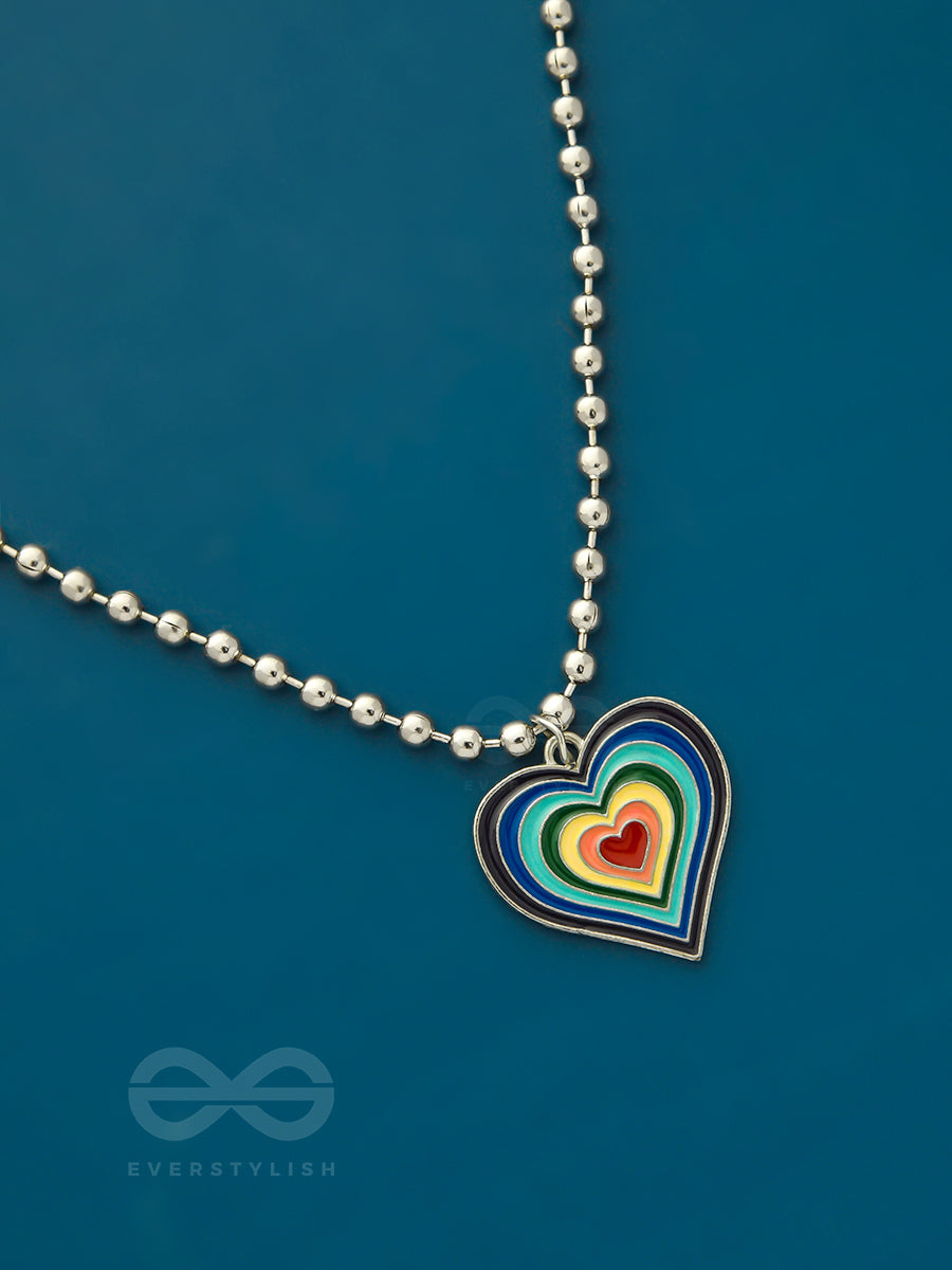 Rainbow-Hued Heart- Multicolored Silver Necklace